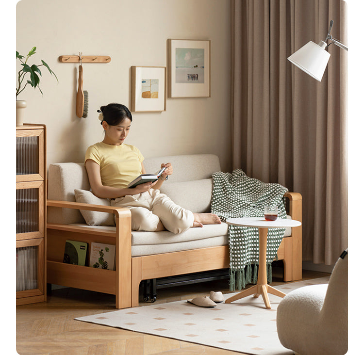 Solid Wood Sleeper Sofa - Beech & Oak Multi-Functional Convertible Sofa Bed for Living Room, Guest Room & Small Spaces