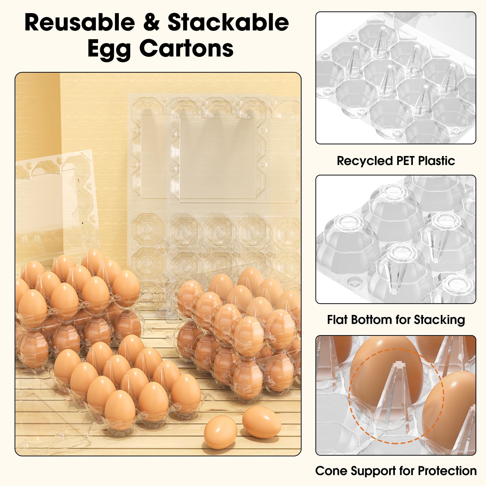 100 Pack Clear 12-Count Reusable Egg Cartons - Bulk Empty Egg Trays with 2x6 Grids for Fresh Chicken Eggs | Perfect for Refrigerator Storage, Chicken Farming, Home Use & Farmers Markets