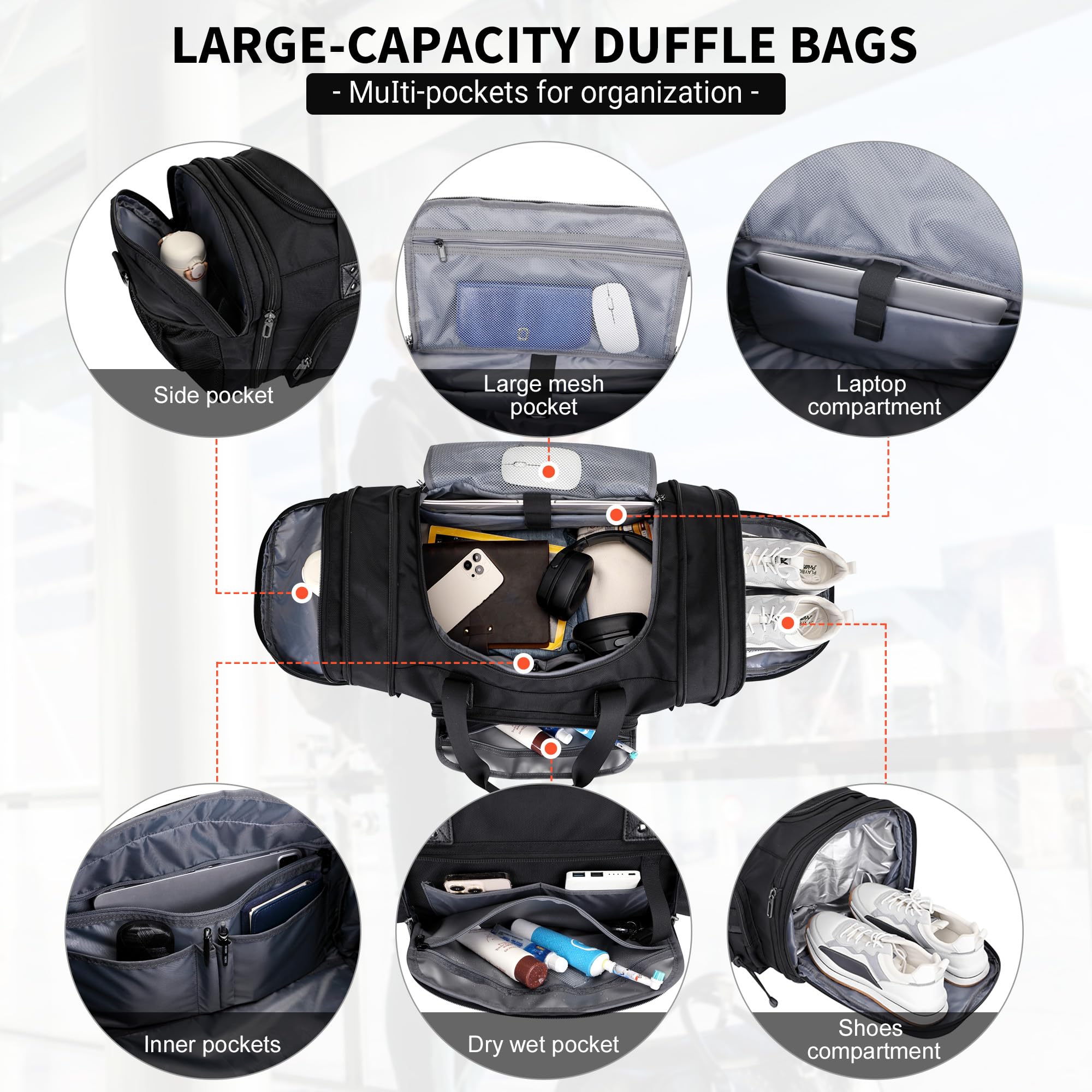 WITZMAN Men's Large Nylon Duffle Bag - Expandable Gym Weekender with Shoe Compartment, Carry On Overnight Bag (B695 Black) - Perfect for Travel, Workout & Weekend Getaways