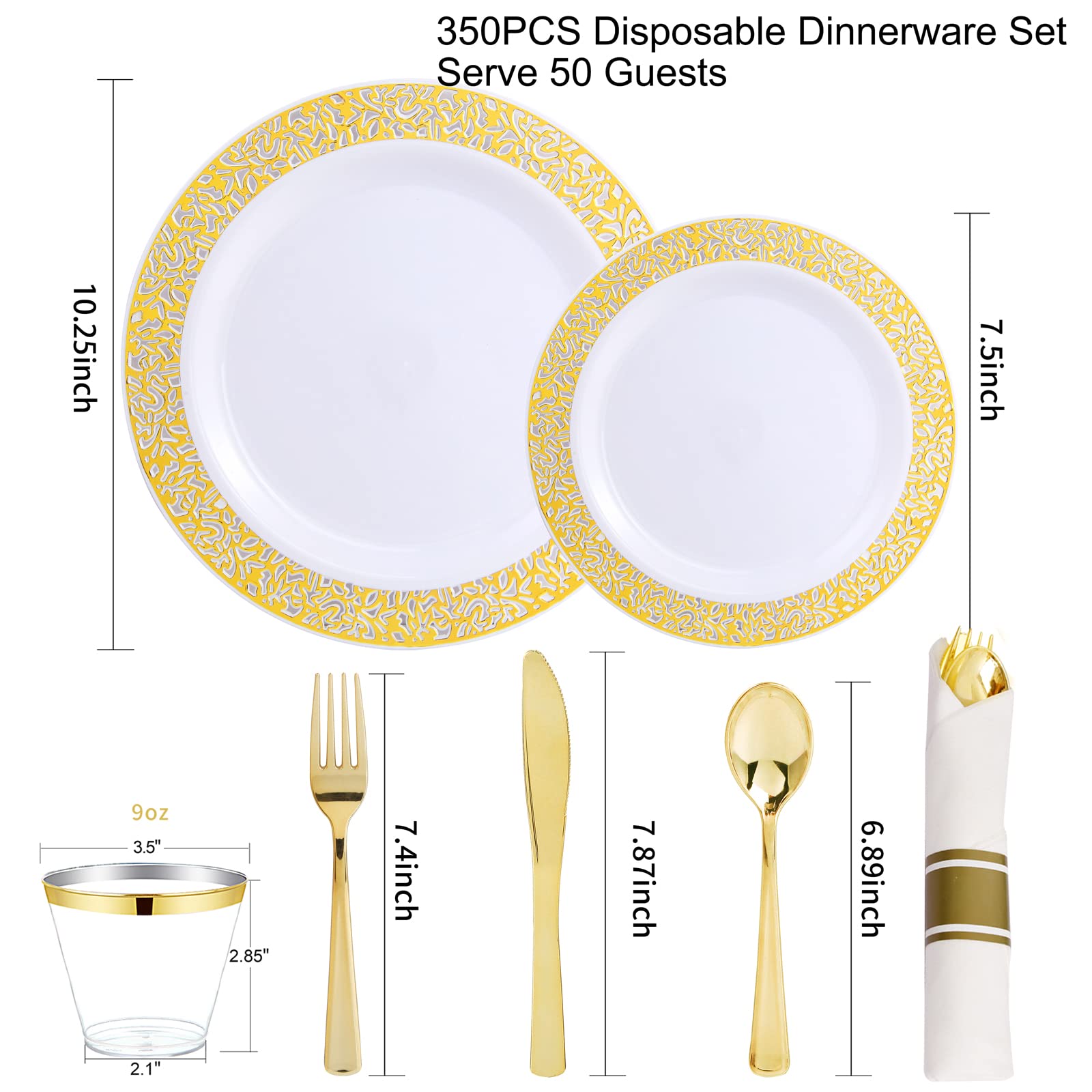 WELLIFE 350-Piece Gold Plastic Dinnerware Set - 50 Dinner Plates, 50 Dessert Plates, 50 Pre-Rolled Napkins with Silverware & 50 Cups - Elegant Disposable Tableware for Wedding, Birthday Party, Baby Shower & Holiday Celebrations