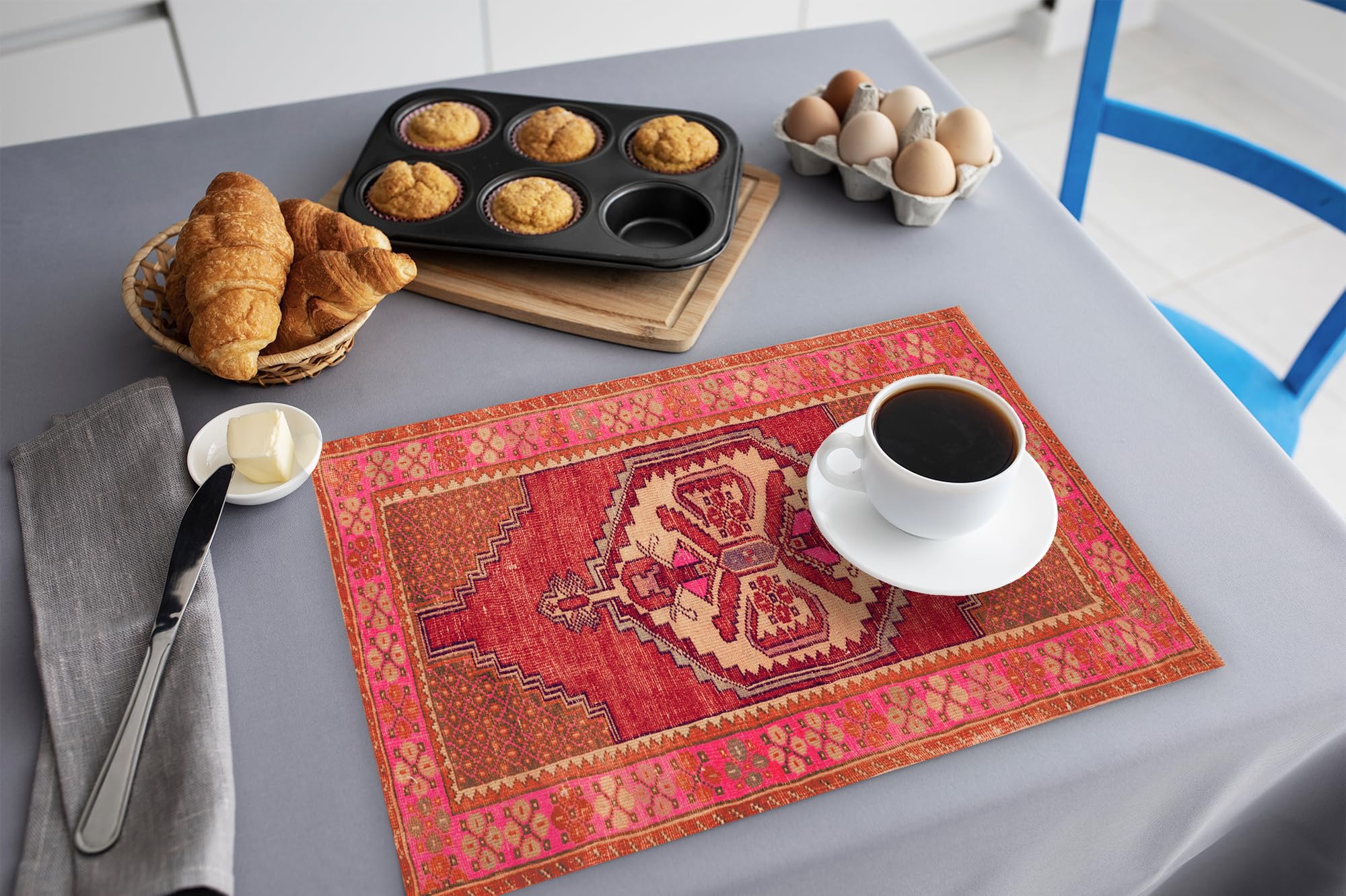 6-Piece Woven Chenille Fabric Placemats Set - Heat Resistant Rectangular & Kilim Design - Perfect for Dining Table Decor, Holiday Gifts, and Home Entertaining