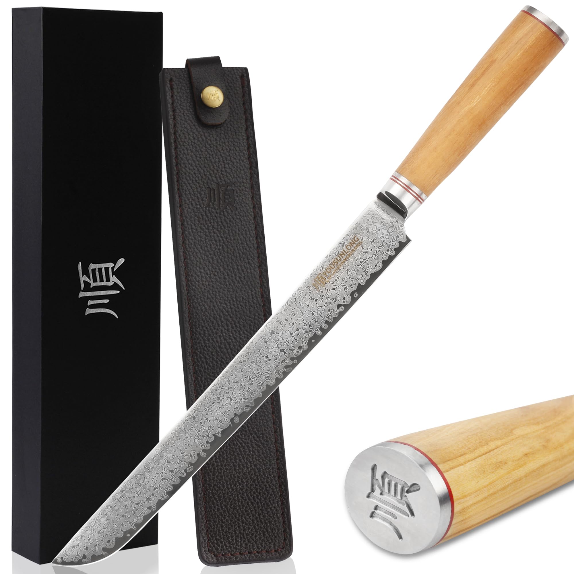 YOUSUNLONG 11 Inch Sakimaru Knife - Japanese Damascus Steel Sashimi & Sushi Knife with Hammered Finish - Professional Fillet Knife for Fish, Salmon, and Meats - Italian Olive Wood Handle & Leather Sheath - Perfect for Sushi Chefs, Home Cooking, and Gourmet Food Preparation