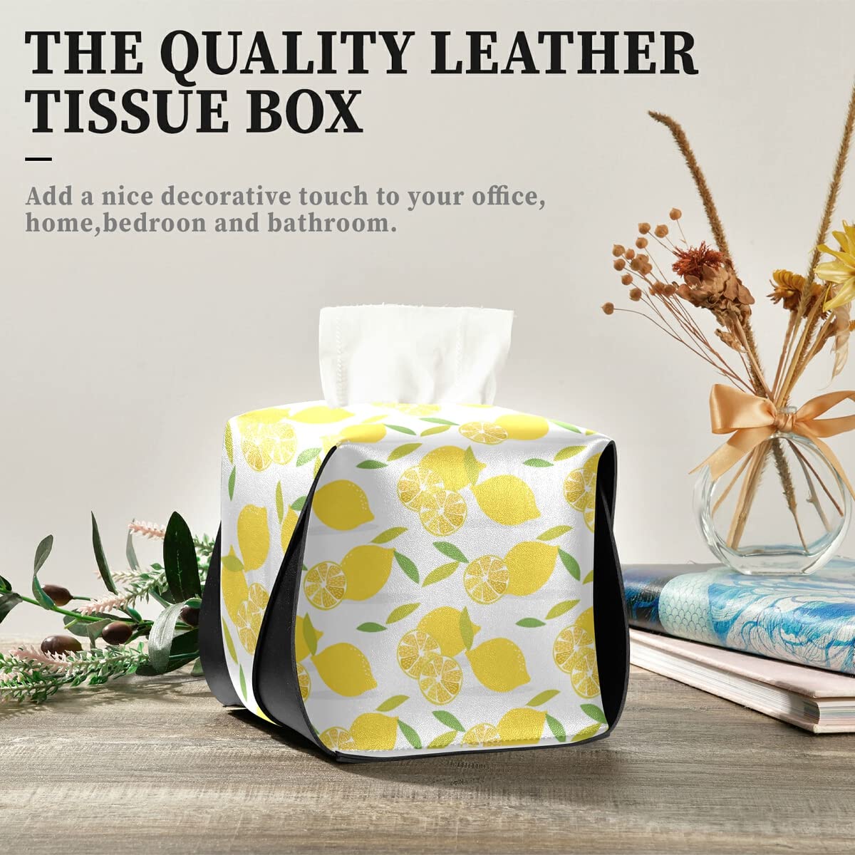 Premium PU Leather Lemon Tissue Box Cover - Rectangle Facial Tissue Dispenser with Hanging Loop for Bathroom, Kitchen, Nightstand & Office Decor | Summer Fruit Theme Home Accessory