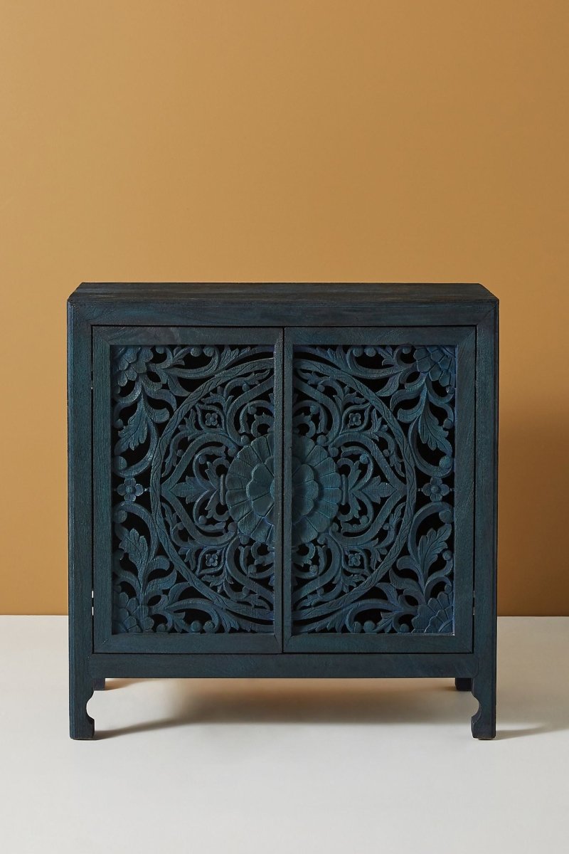 Hand Carved Lombok Entryway Cabinet in Indigo Blue - Solid Wood Storage Unit with 3 Shelves for Hallway, Living Room & Bedroom Organization