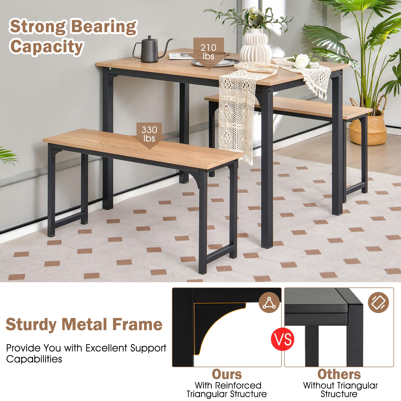 Modern Industrial Dining Table Set for 4 with 2 Benches - 3-Piece Kitchen Table with Metal Frame & Wood Tabletop - Industrial Brown & Black - Perfect for Small Spaces, Apartments, and Modern Farmhouse Dining Rooms