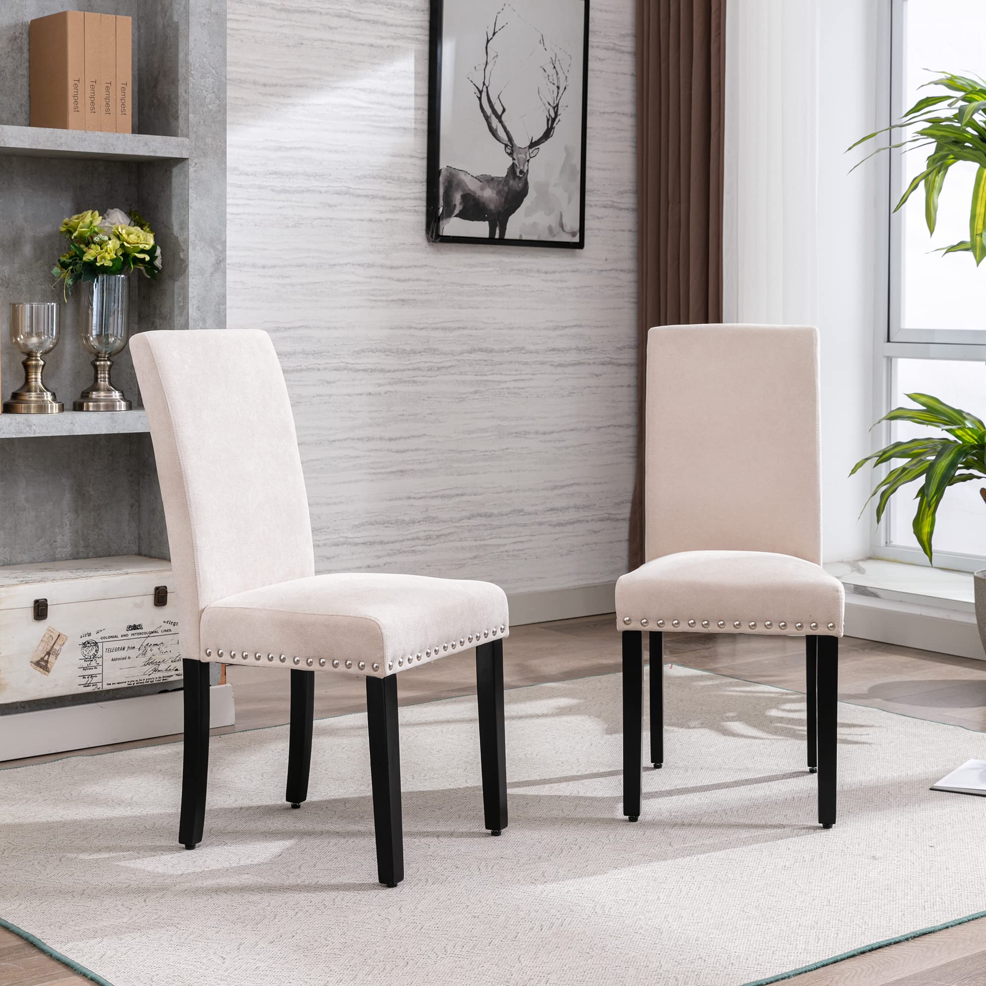 GOTMINSI Upholstered Fabric Dining Chairs Set of 2 - Padded Parson Chairs with Solid Wood Legs & Silver Nail Trim, Beige | Perfect for Kitchen, Dining Room & Living Room Seating
