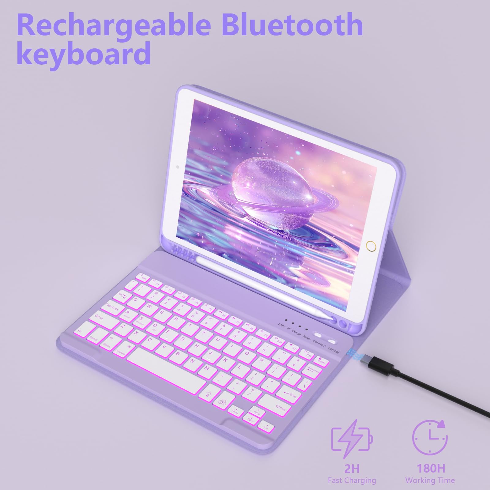 FUWANG Detachable Backlit Keyboard Case for iPad 9th/8th/7th Gen 10.2 inch, iPad Pro 10.5 & iPad Air 3rd Gen - 7 Color LED Backlight with Stand & Apple Pencil Holder | Perfect for Work, Study & Travel