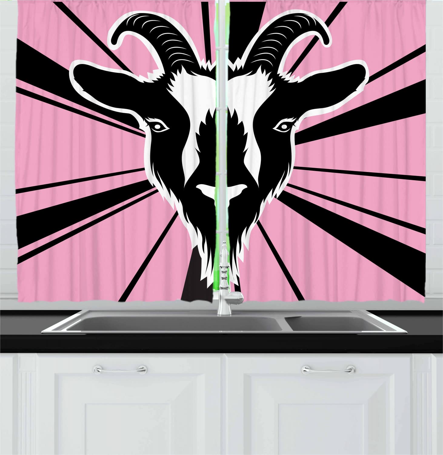 Ambesonne Goat Print Kitchen Curtains - Black White Pink Monochrome Goat Head Art with Starburst Design, 55
