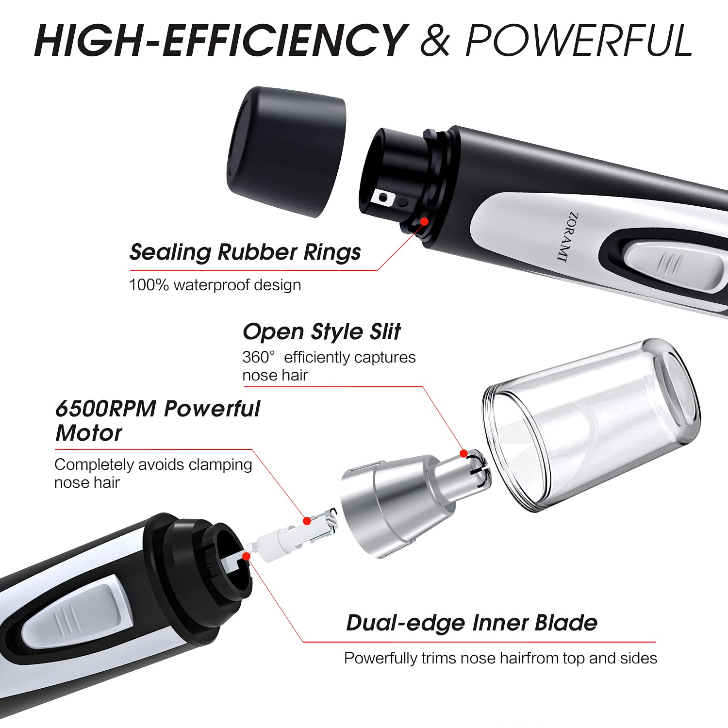 ZORAMI Professional Painless Ear & Nose Hair Trimmer for Men & Women - 2024 Upgraded Battery-Operated Eyebrow & Facial Hair Clipper with IPX7 Waterproof (Black & Pink) - Perfect for Travel, Gym & Daily Grooming Routine