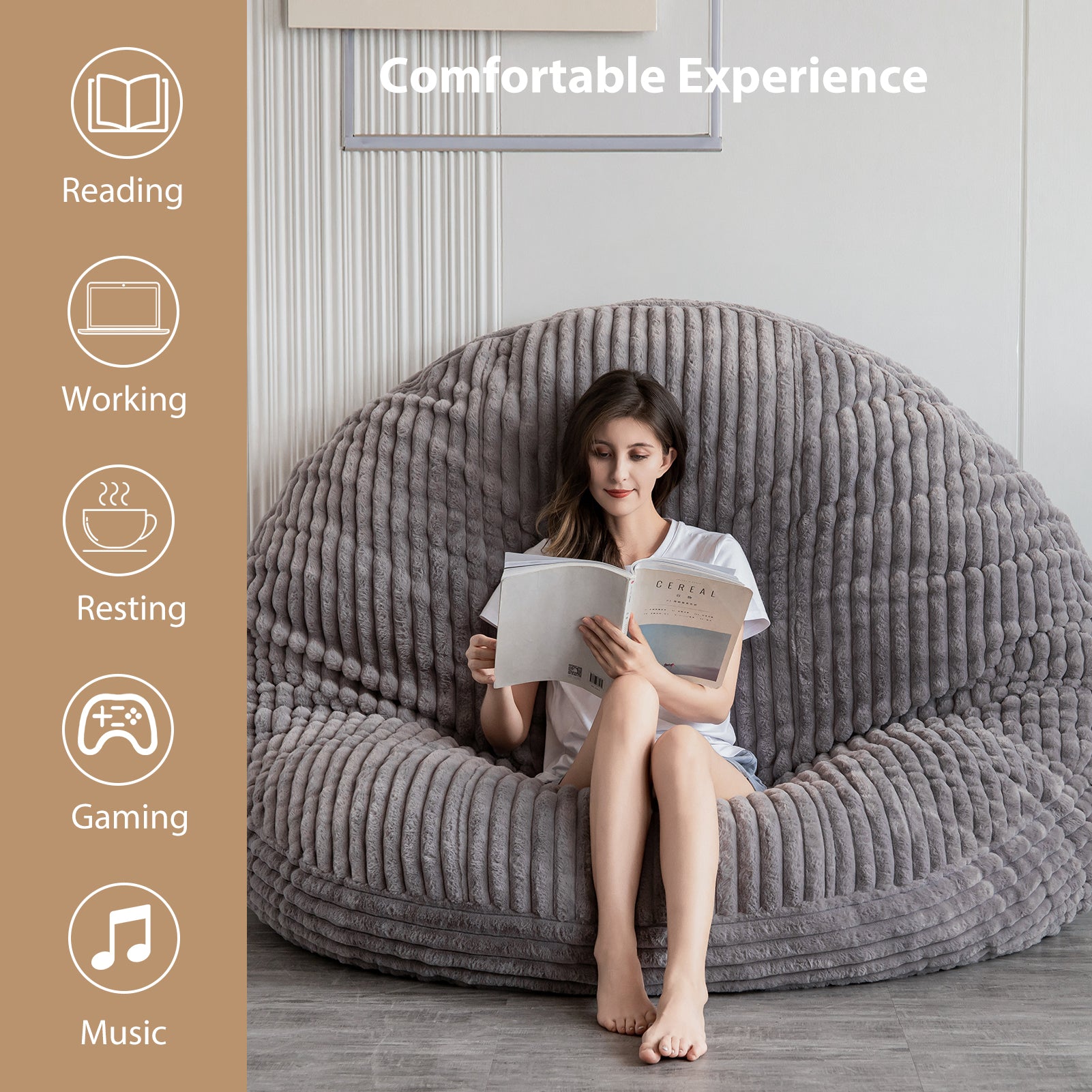 MAXYOYO Giant Bean Bag Chair for Adults - Round Soft Striped Faux Fur Bean Bag in Grey | Large Comfortable Lounge Chair for Living Room, Bedroom, Game Room & Dorm