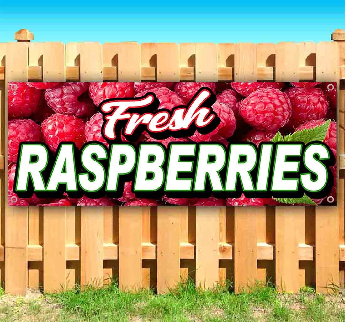 Fresh Raspberries Banner 13 oz - Heavy-Duty Vinyl Sign with Metal Grommets | Single-Sided Non-Fabric Decoration for Farmers Markets, Grocery Stores & Fruit Displays