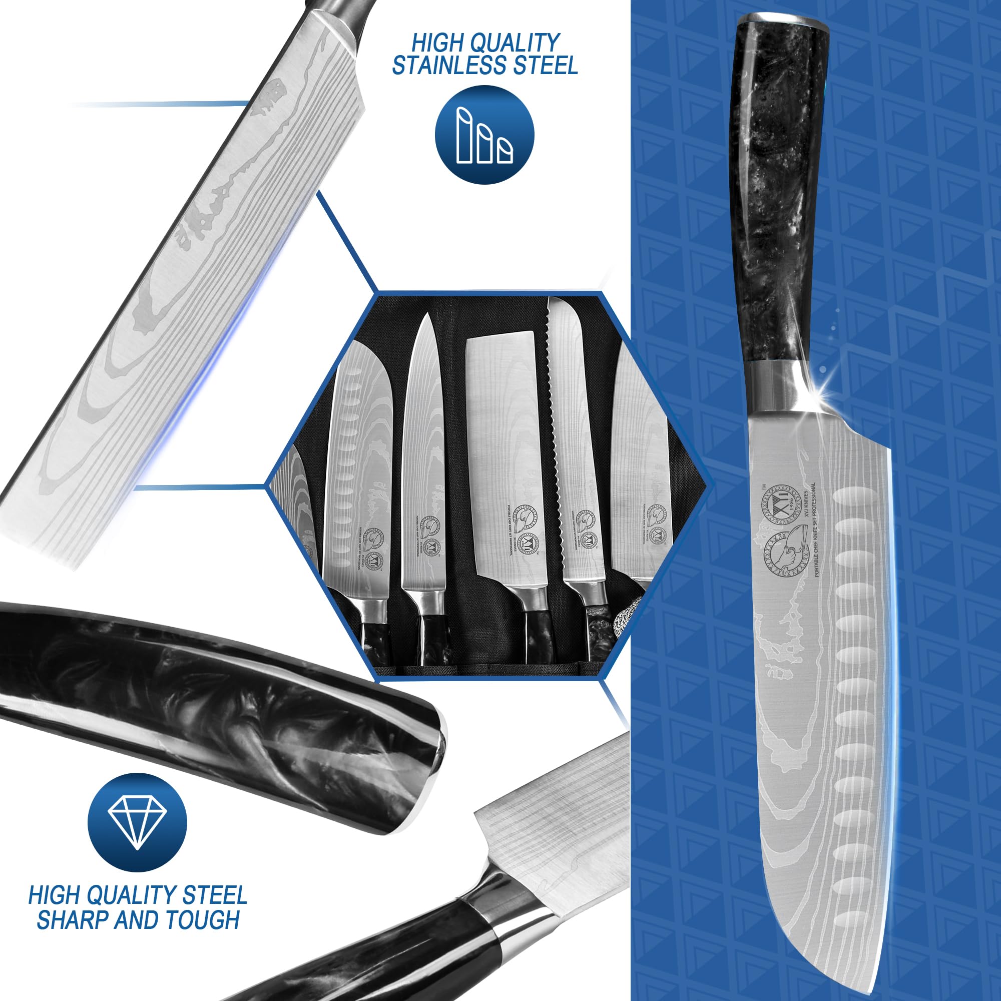 XYJ Authentic Japanese Chef Knives Set Since 1986 - 8-Piece Stainless Steel Kitchen Knives with Roll Bag & Sheaths - Professional Santoku, Paring, Slicing Knives for Cooking - Ergonomic Handle for Comfort - Perfect for Home Chefs & Culinary Enthusiasts