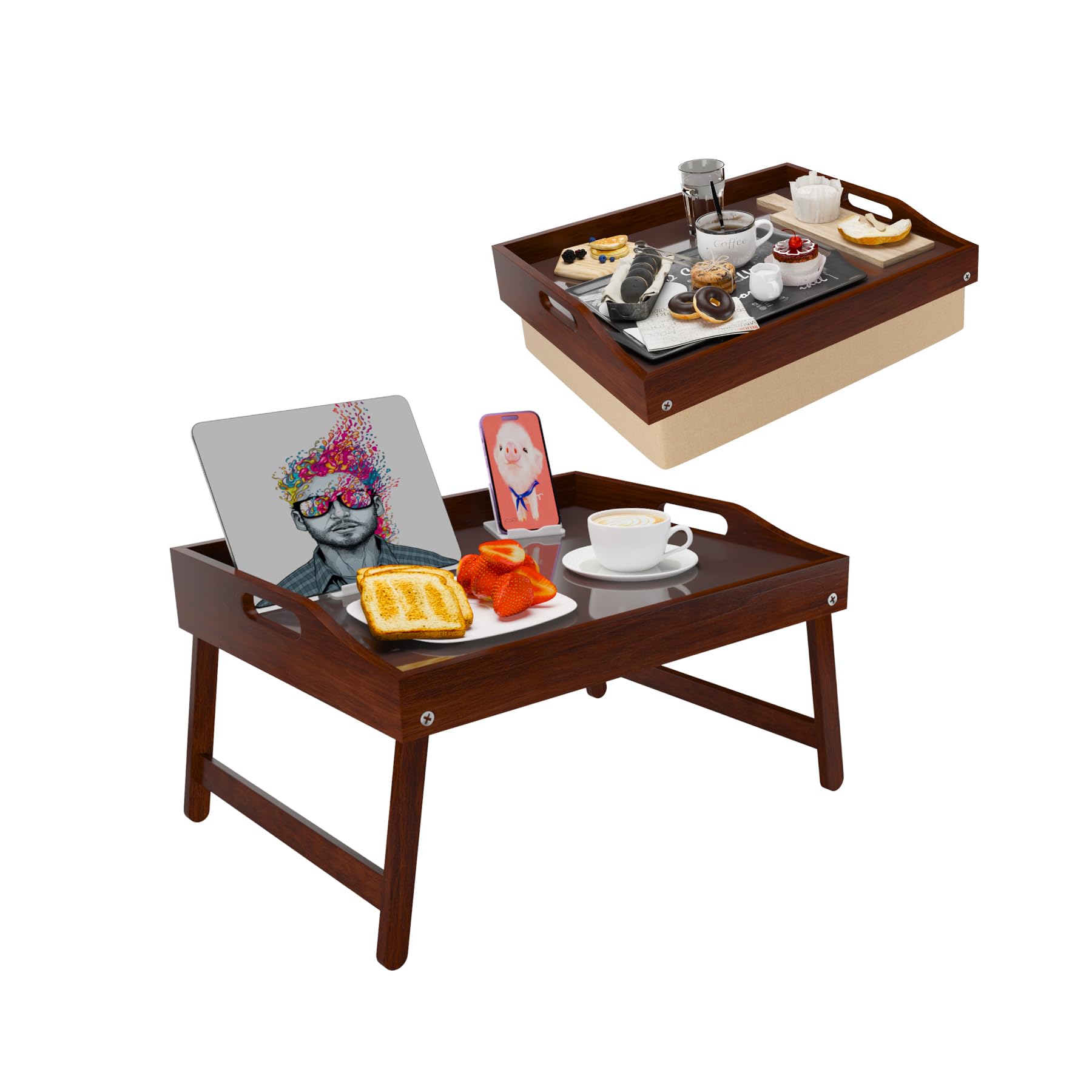 Modern Wooden Lap Desk with Folding Legs & Detachable Cushion - Portable Laptop Tray for Bed, Sofa, or Floor - Ergonomic Home Office & Study Desk with Comfortable Handles