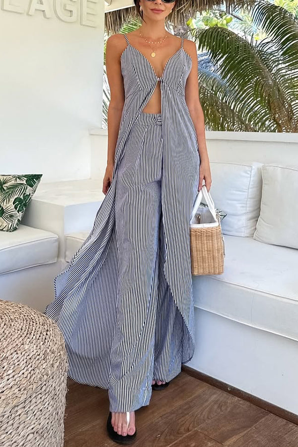 Women's Striped Print Sleeveless Long Casual Top & Loose Straight Pants Set - Summer Beach Outfit, Vacation Wear, Boho Chic Lounge Ensemble