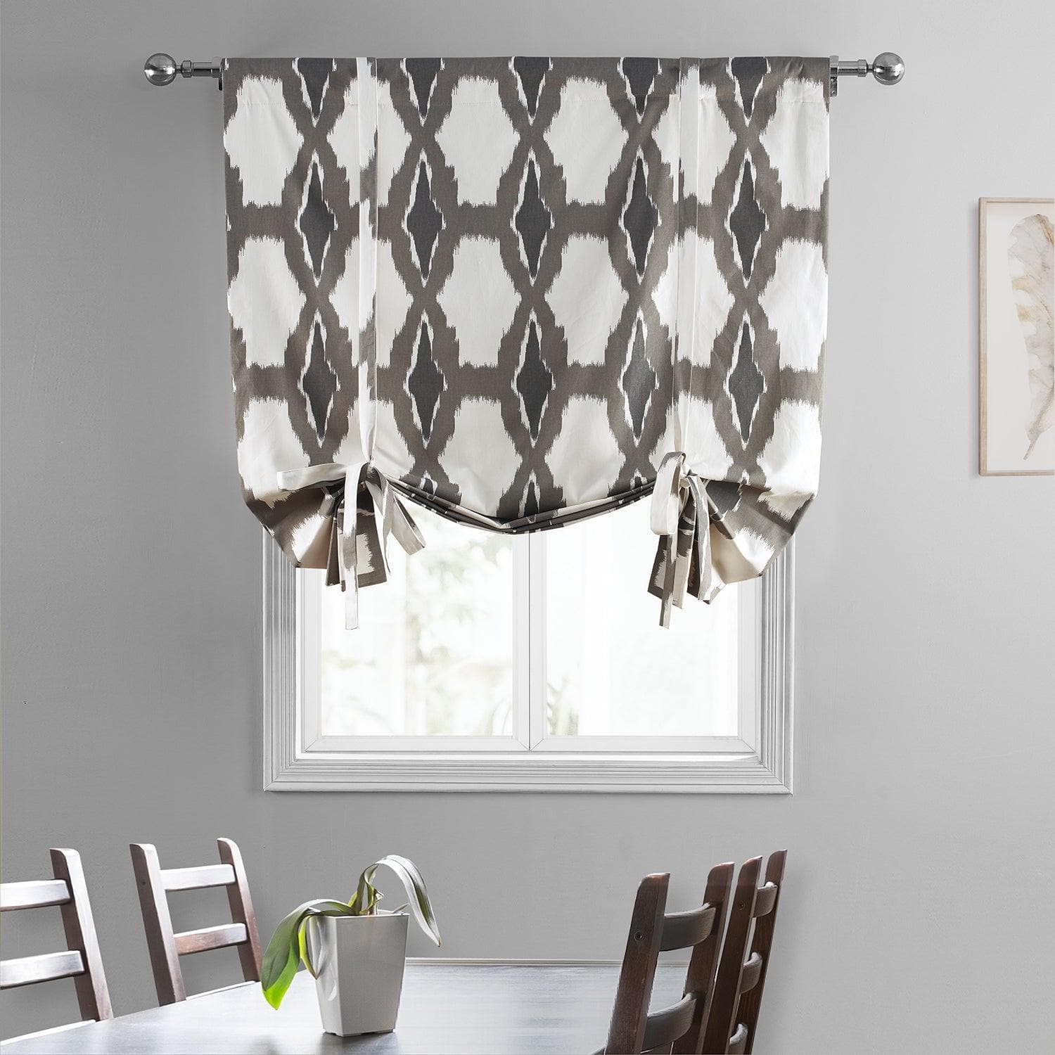 Sorong Beige Geometric Printed Cotton Blackout Window Shade - Room Darkening Tie Up Curtain for Bedroom, Living Room & Nursery