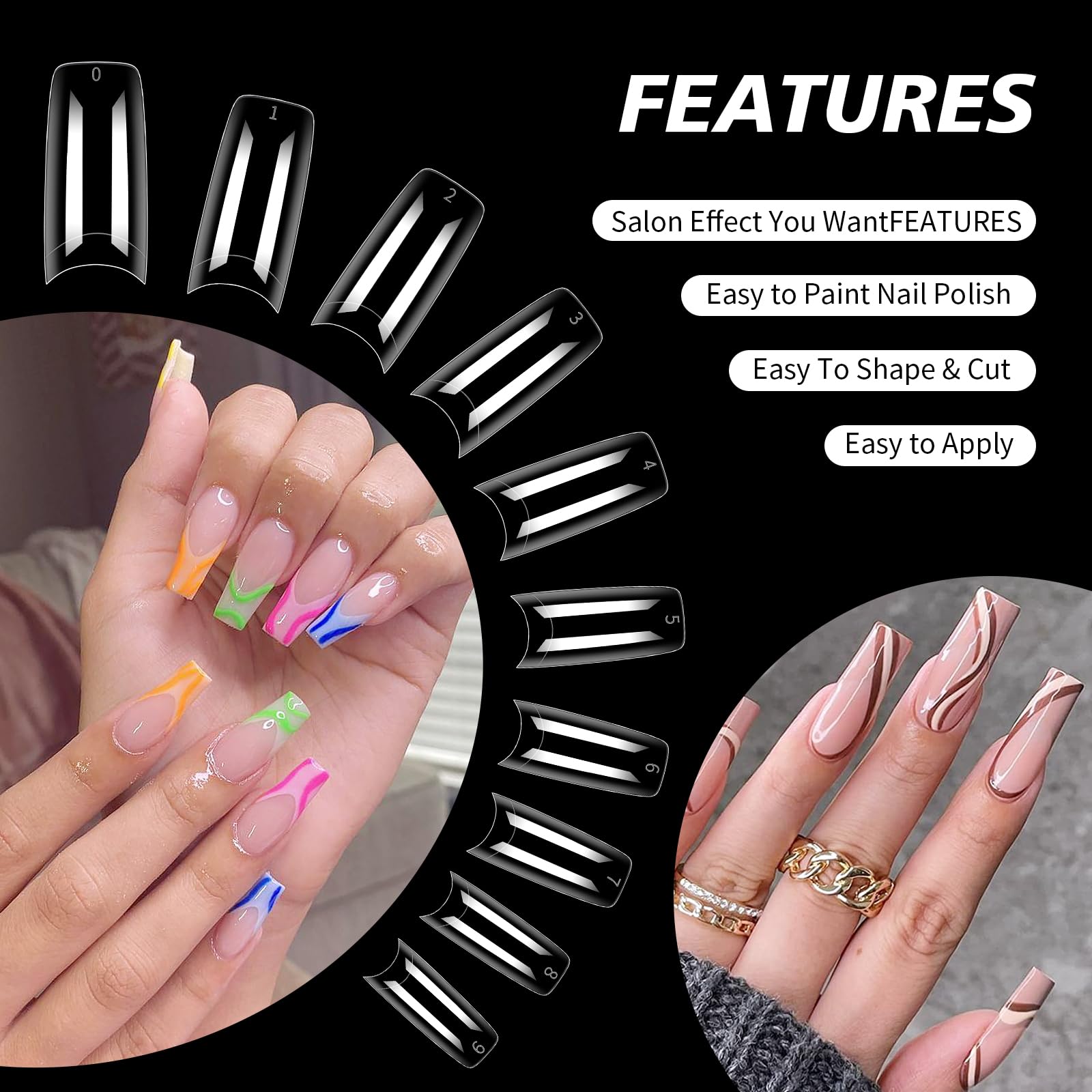 500 Pcs Clear Acrylic Nail Tips - Coffin Shape Fake Nails for French Manicure, Full Cover Artificial Fingernails - 10 Sizes for Nail Salon & DIY Nail Art (Clear) - Perfect for Wedding, Party & Daily Wear