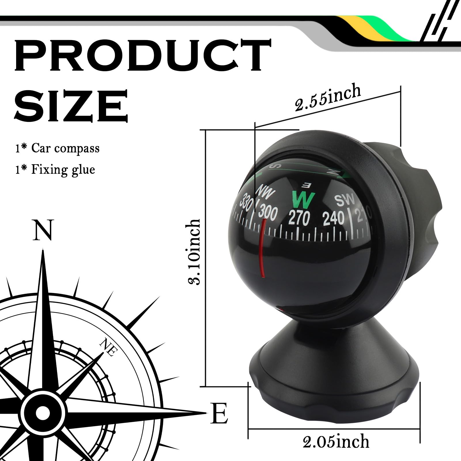 Universal Car Compass with Adjustable Bottom Stick & Night Vision - Dashboard Navigation Compass for Cars, Trucks, SUVs & Boats | Perfect for Road Trips, Off-Road Adventures & Marine Navigation