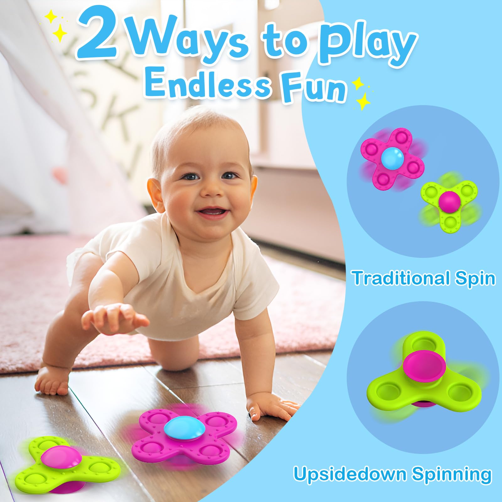 3-Pack Suction Cup Spinner Toys for Toddlers 1-3 Years - Sensory Bath & Travel Toys for Babies 10-18 Months - Perfect First Birthday Gift for 1 Year Old Boys & Girls - Great for Bathtime Fun, Car Rides & Early Learning Play
