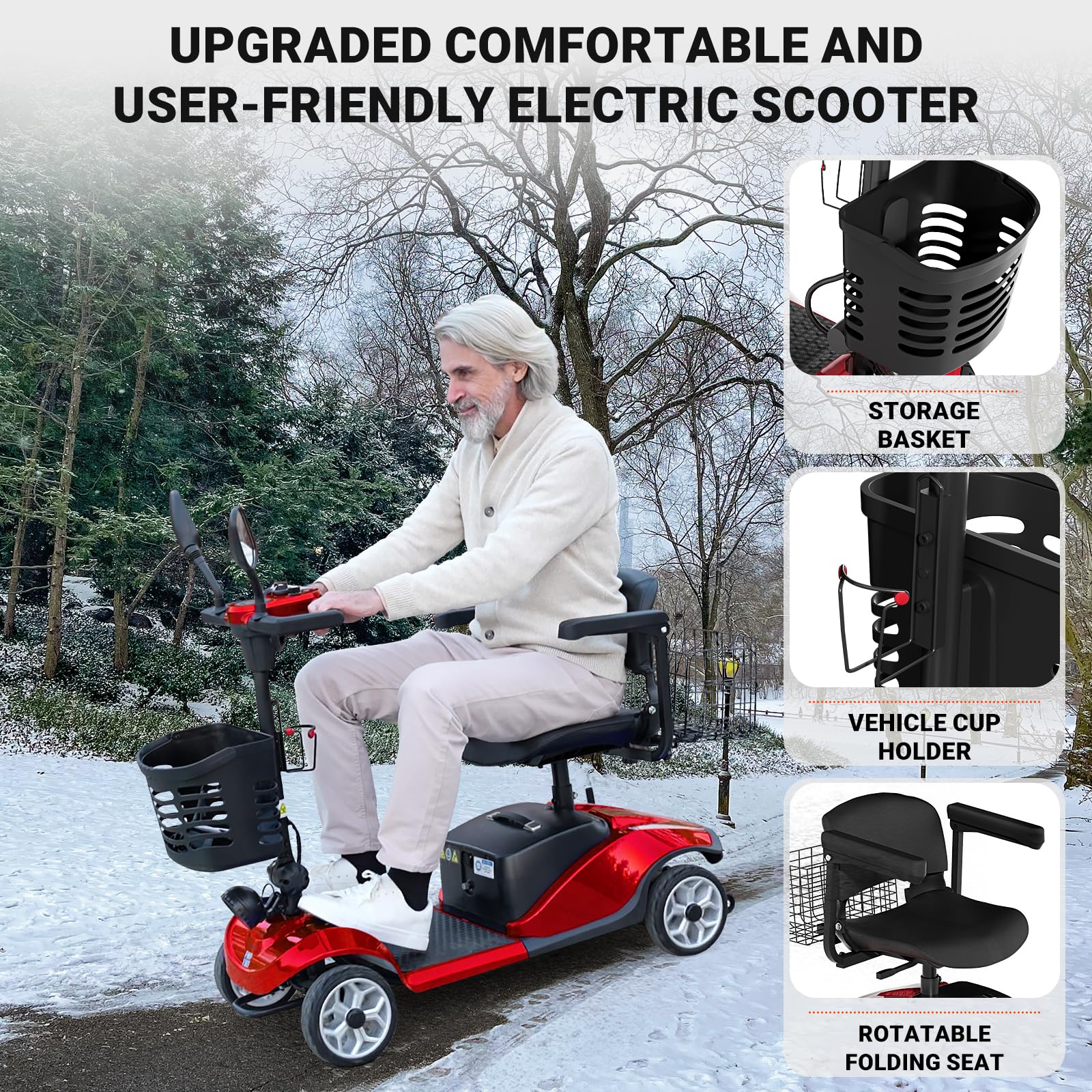 **DA-021 4-Wheel Folding Electric Mobility Scooter for Adults & Seniors - Lightweight, Collapsible Design with Emergency Brake, Removable Battery & Basket, Swivel Seat & Cup Holder (Red) - Ideal for Indoor/Outdoor Use, Shopping & Travel**
