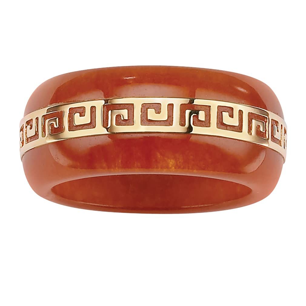 14K Yellow Gold Round Genuine Red Jade Greek Key Ring - Elegant Jewelry for Women, Gift for Anniversary, Birthday & Special Occasions