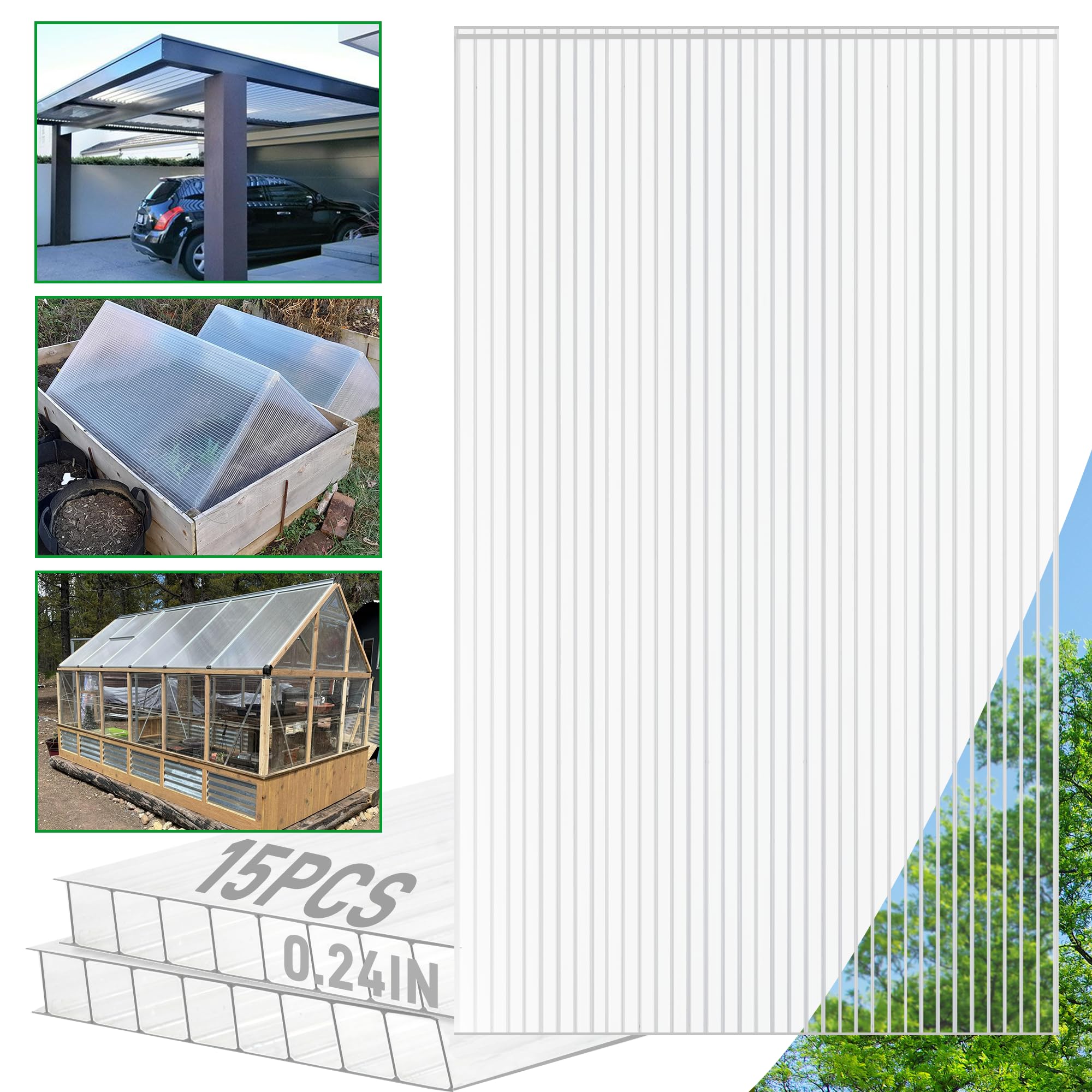 15 Pack 4' x 2' x 0.24'' Twin-Wall Polycarbonate Greenhouse Panels - Durable Clear Roof Replacement Sheets for All Weather Protection - Perfect for DIY Greenhouses, Sheds & Garden Structures