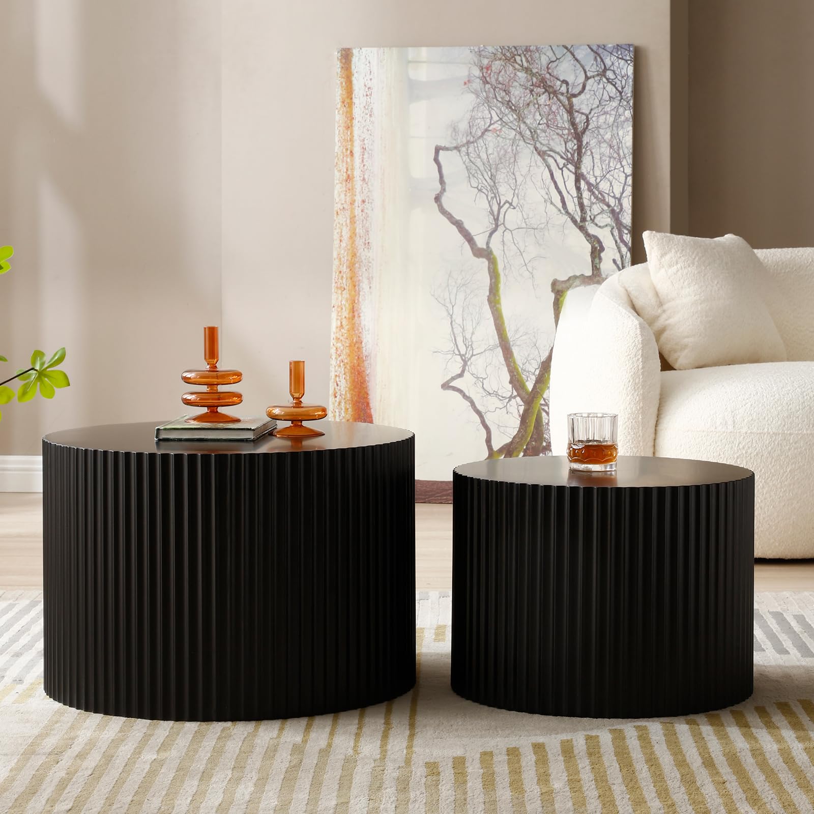 Modern Round Nesting Coffee Table Set of 2 - Handcrafted Wood Drum Side Tables with Embossed Design - Black Accent End Tables for Living Room & Bedroom - Perfect for Small Spaces, Coffee Time, and Stylish Home Decor