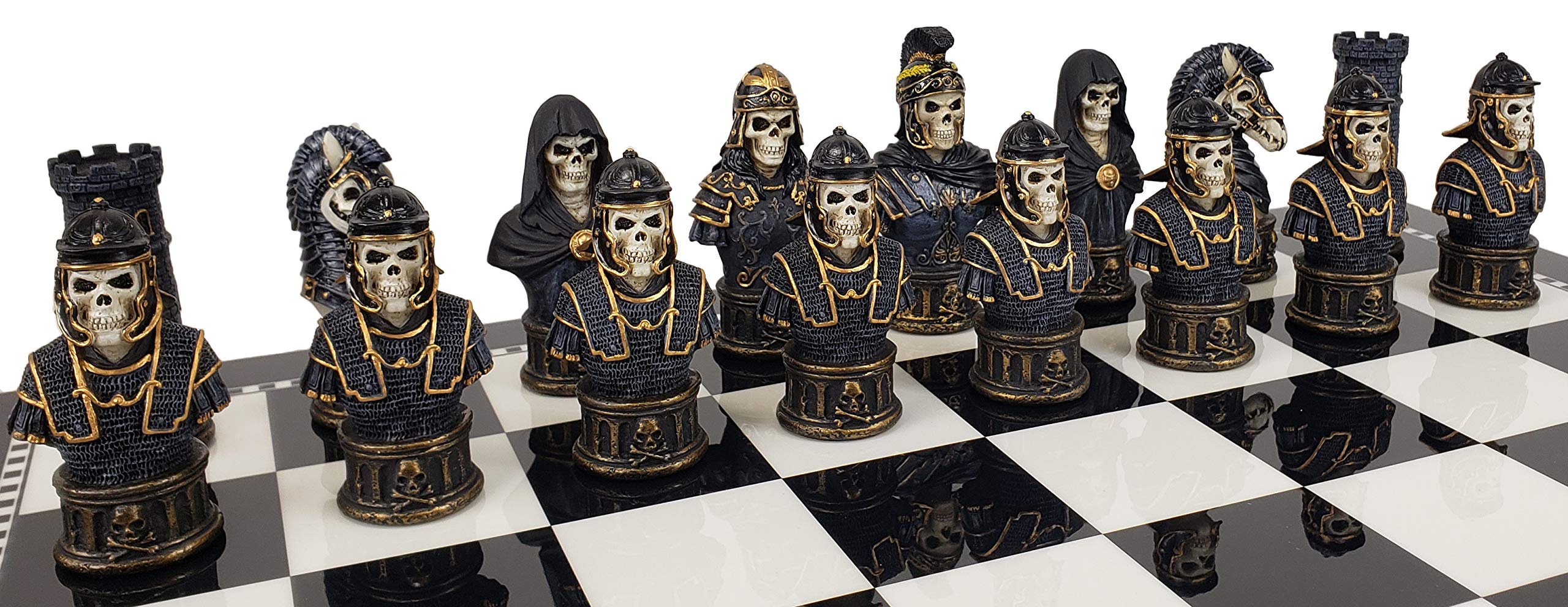 Medieval Gothic Fantasy Skeleton Chess Set with 17-inch Black & White Storage Board - Skull Busts Decor for Game Nights, Halloween Party & Dark Aesthetic Home Decor