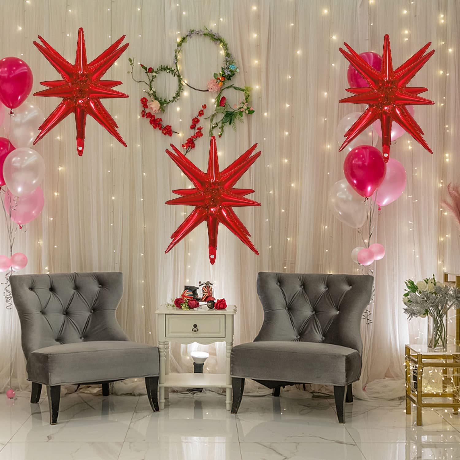 6 Pcs Red Star Foil Balloons - 14-Pointed 3D Mylar Balloons 22 Inch for Christmas, Birthday, Wedding & Anniversary Party Decorations (Red) - Perfect for Indoor & Outdoor Celebrations, Photo Backdrops and Festive Events