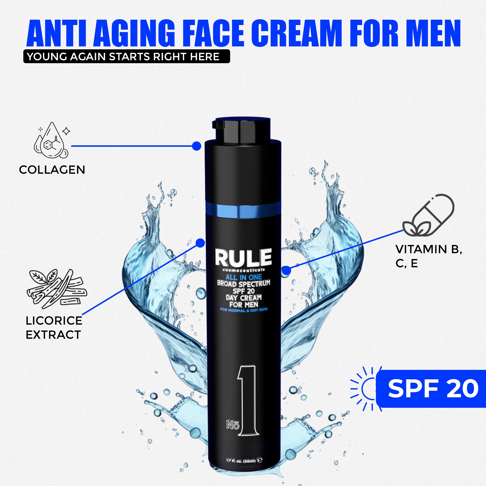 Best Men's Day Cream with SPF 20 - 10-in-1 Face Moisturizer for Normal to Dry Skin | Enriched with Collagen, Vitamin B, C & E | 50 mL | Perfect for Daily Skincare & Sun Protection Routine