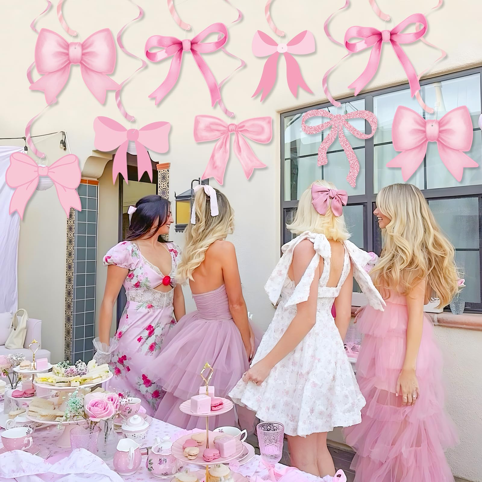 Pink Bow Party Hanging Swirl Decorations - Elegant Bow Theme Birthday Party Decor for Girls, Baby Shower, Bridal Shower & Bachelorette Party - Perfect for Wall, Ceiling & Table Decorations
