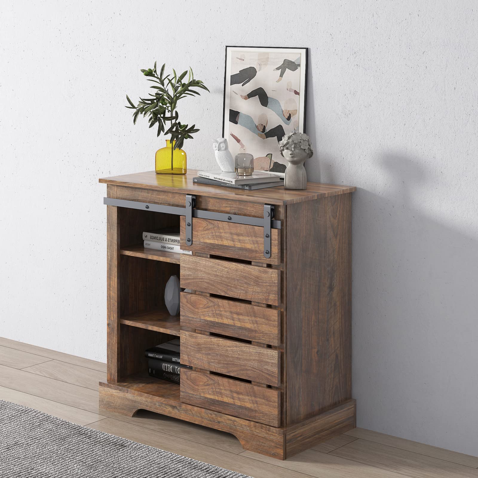 Modern Farmhouse Sliding Door Storage Cabinet - Coffee Bar & Buffet Sideboard with Adjustable Shelves for Entryway, Kitchen & Living Room - Rustic Brown Wood Cupboard for Home Organization & Stylish Storage Solutions | Perfect for Coffee Stations, Dining Room Decor & Hallway Storage