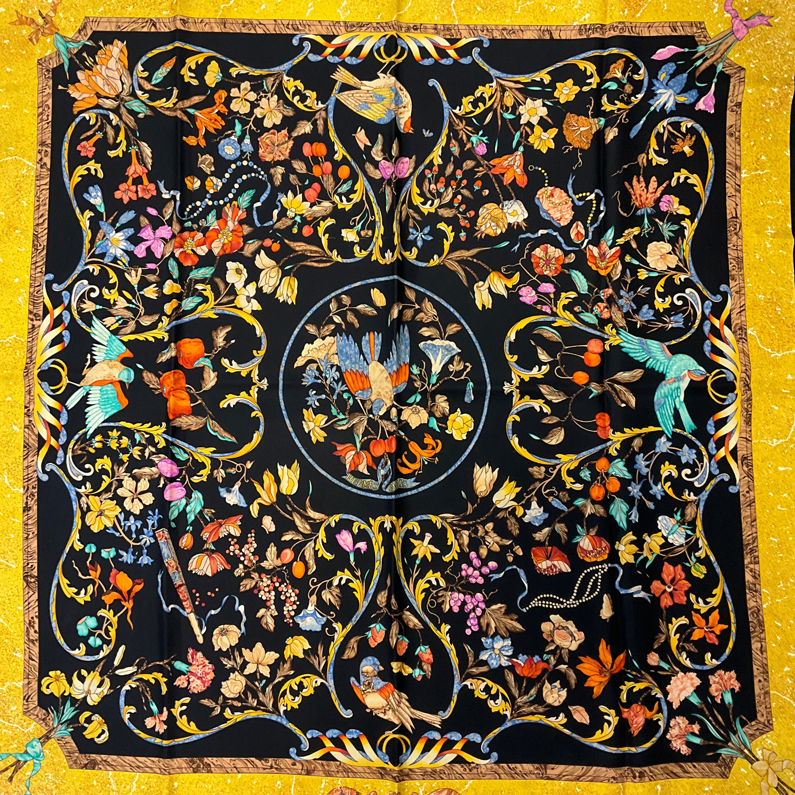 Hermes Black & Gold Multi Pierres d'Orient et d'Occident Square Silk Scarf - Luxury Fashion Accessory for Women, Elegant Gift for Special Occasions