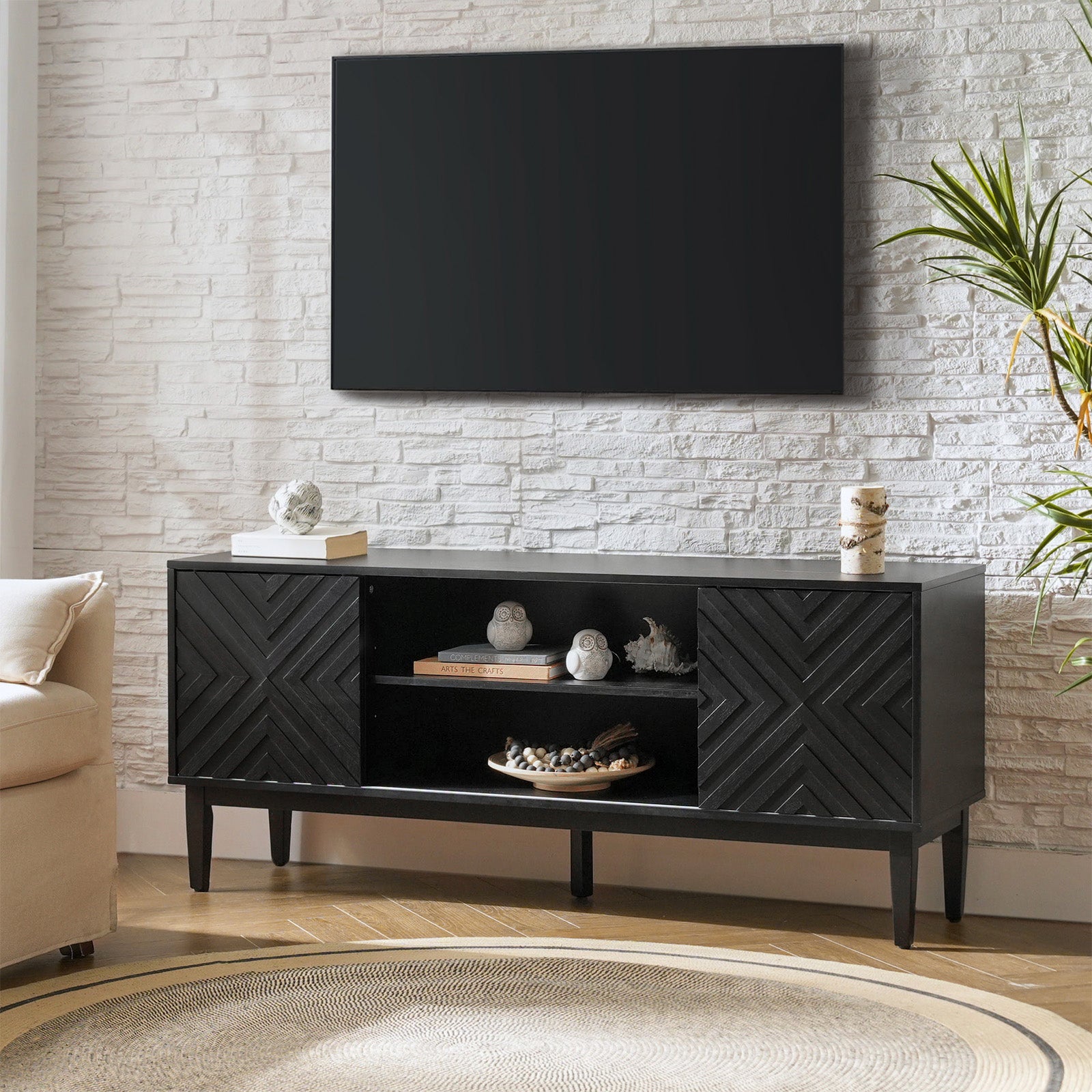 Regal 58-Inch Wide TV Stand with Reversible Checkered Game Board - Modern Entertainment Center for Living Room, Game Nights & Family Gatherings