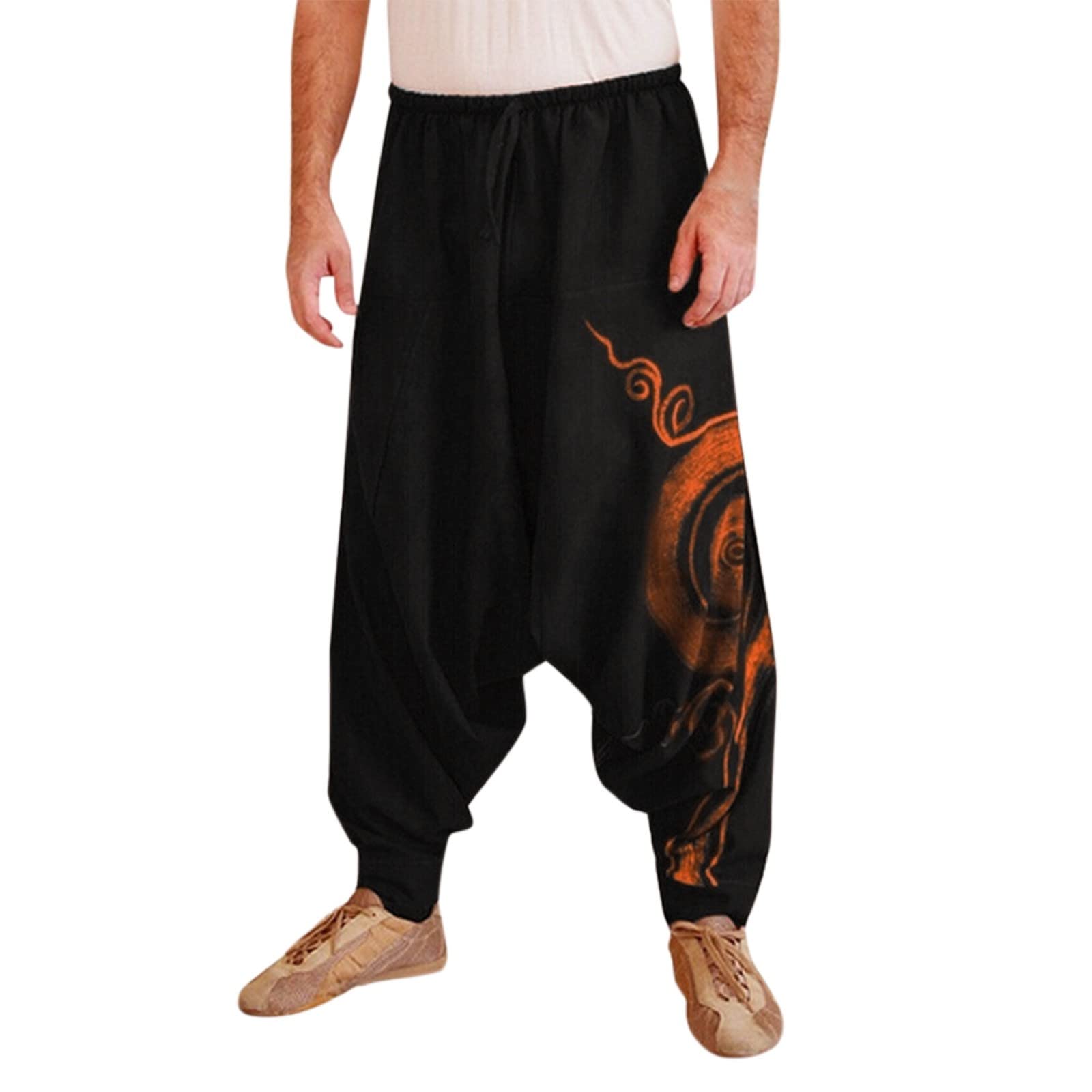 Men's Printed Sweatpants Overalls - Loose Fit Casual Drawstring Yoga Pants for Sports & Ethnic Style (Black, Size S) | Perfect for Workouts, Lounge Wear & Street Fashion