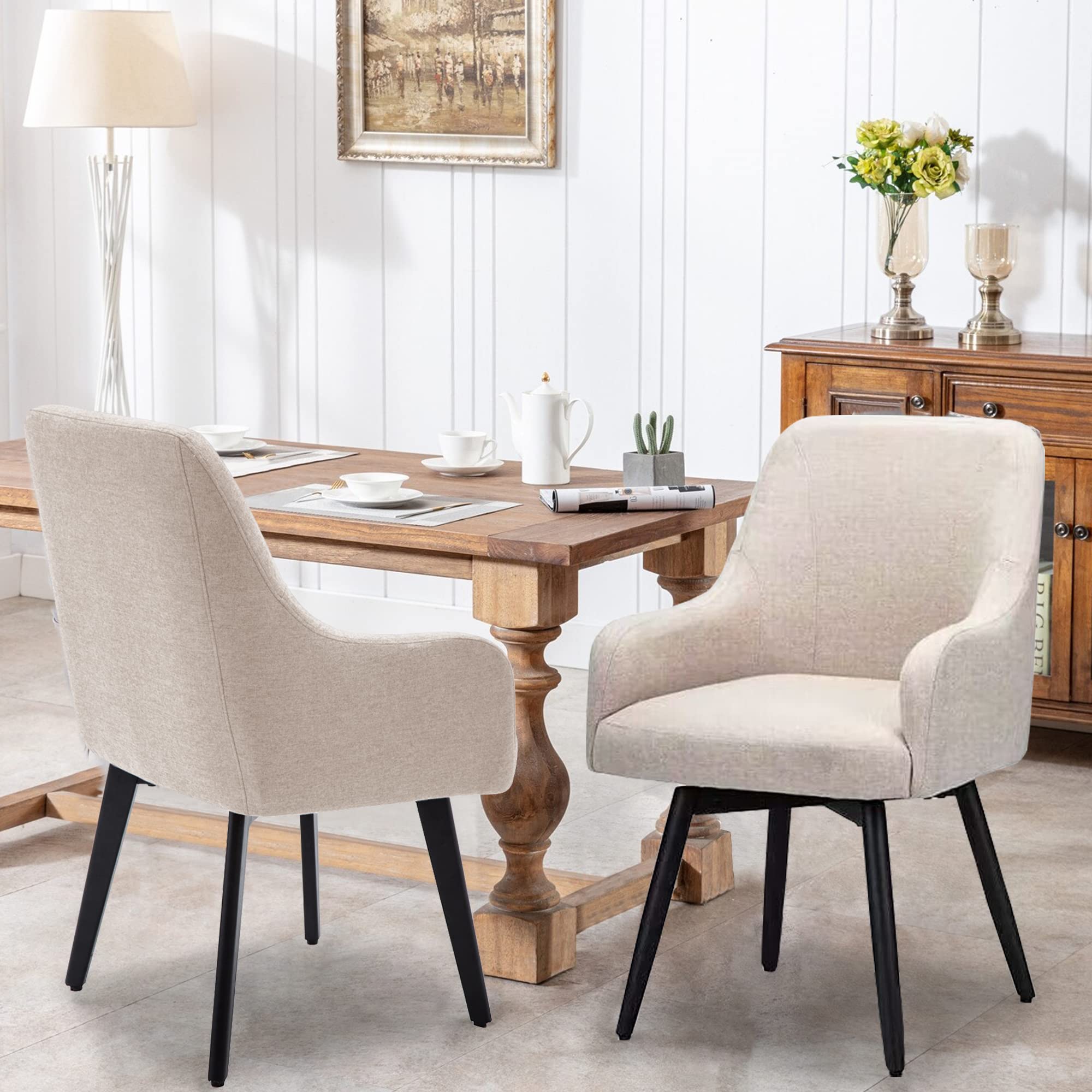 Modern Accent Chairs Set of 2 - Upholstered Swivel Armchairs for Living Room, Bedroom & Dining Room - Beige Fabric Lounge Chairs - Perfect for Home Decor, Reading Nook & Guest Seating