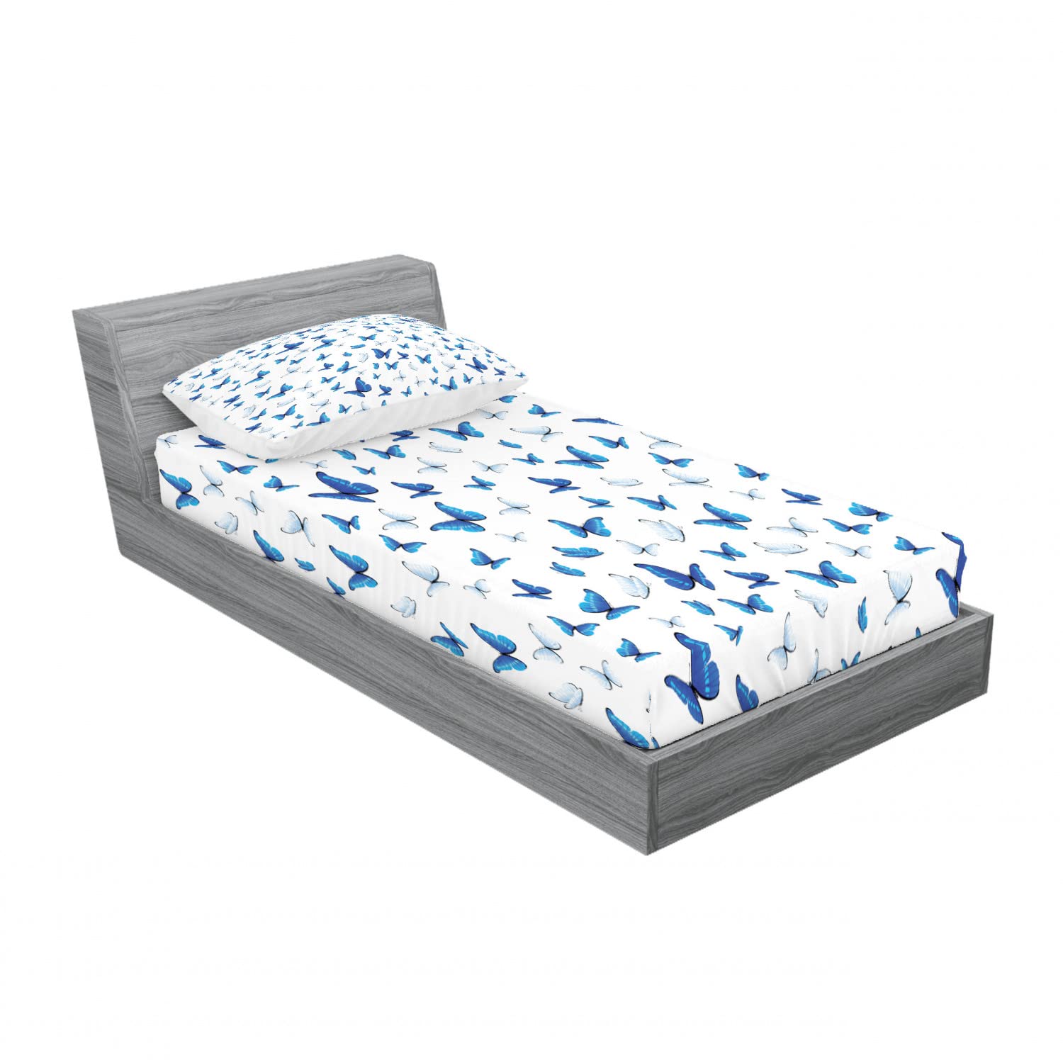 Ambesonne Butterfly 2-Pack Twin Fitted Sheet & Pillow Sham Set - Rainforest Wilderness Blue White Black Bedding Decor (4-Piece) | Soft & Breathable for Kids Room, Guest Bed, Dorm Decor