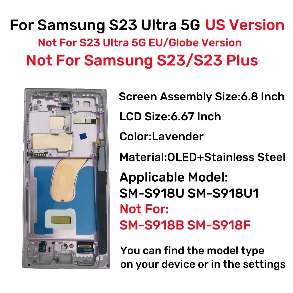 Samsung Galaxy S23 Ultra 5G OLED Screen Replacement - Full Display Assembly with Frame & Tools for S918U/S918A (Lavender) - Perfect for DIY Phone Repair & Screen Damage Replacement