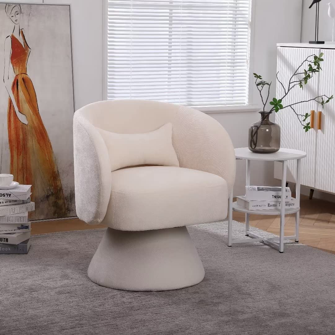 Swivel Barrel Chair - Linen Fabric Accent Chair with Pillow, Single Sofa Chair with Sturdy Backrest & Base, Comfortable Armchair for Living Room, Bedroom, Office - Beige Home Decor for Relaxing & Reading