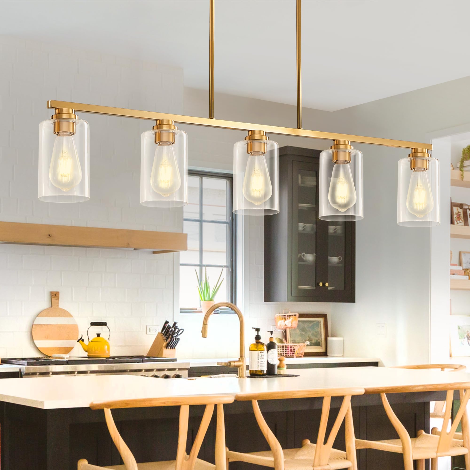 5-Light Brushed Gold Linear Chandelier Pendant Lighting for Kitchen Island, Dining Table & Living Room - Modern Farmhouse Style Fixture for Dining Room, Kitchen & Home Decor | Perfect for Open Concept Spaces, Entertaining & Ambient Lighting