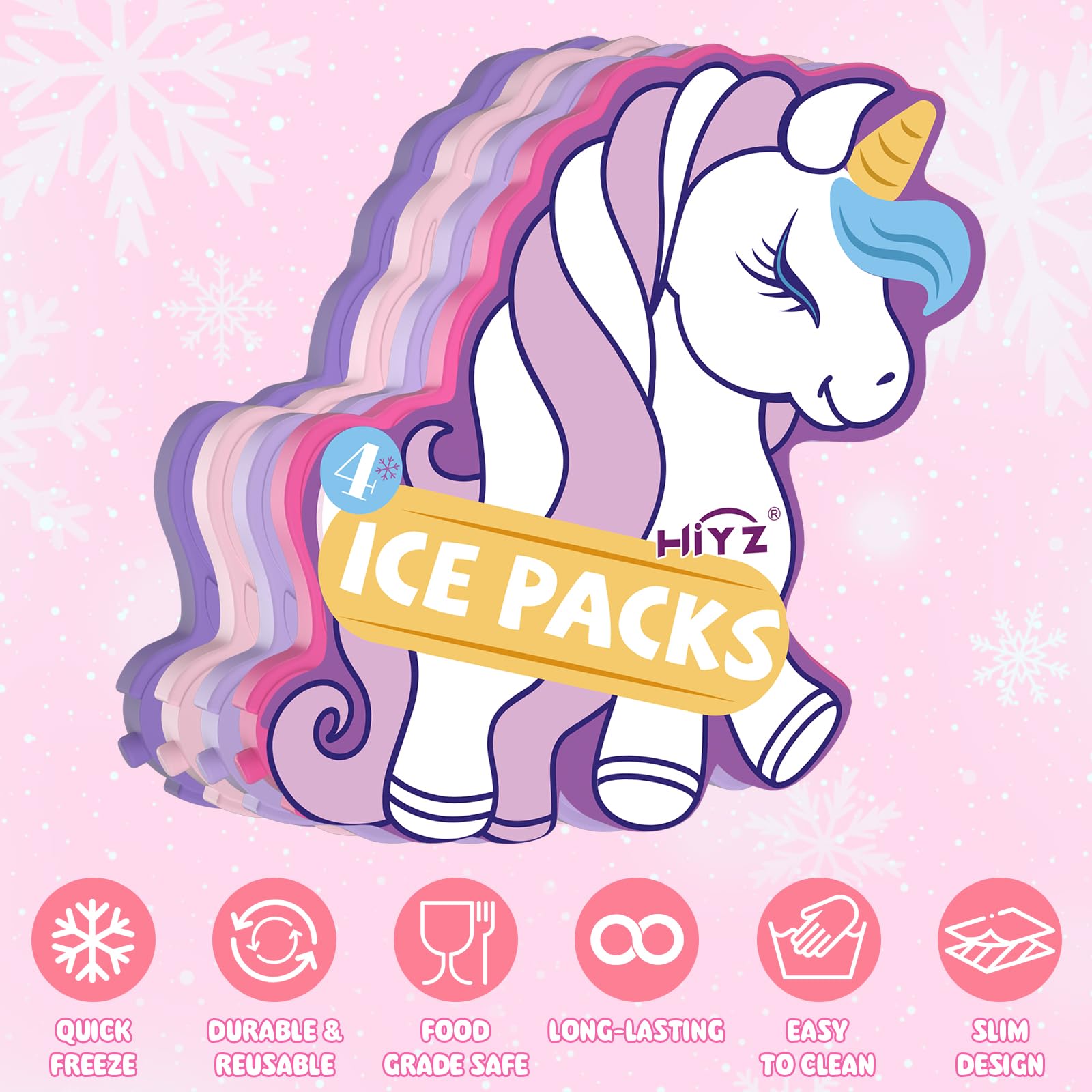 HiYZ Unicorn Ice Packs for Lunch Boxes - Reusable Kids Ice Packs - Quick Freeze, Space Saving, Long-Lasting Cooler for Lunch Box, Thin Ice Packs Ideal for Travel, Picnics, and School - Perfect for Kids' Lunches, Camping Trips & Outdoor Adventures