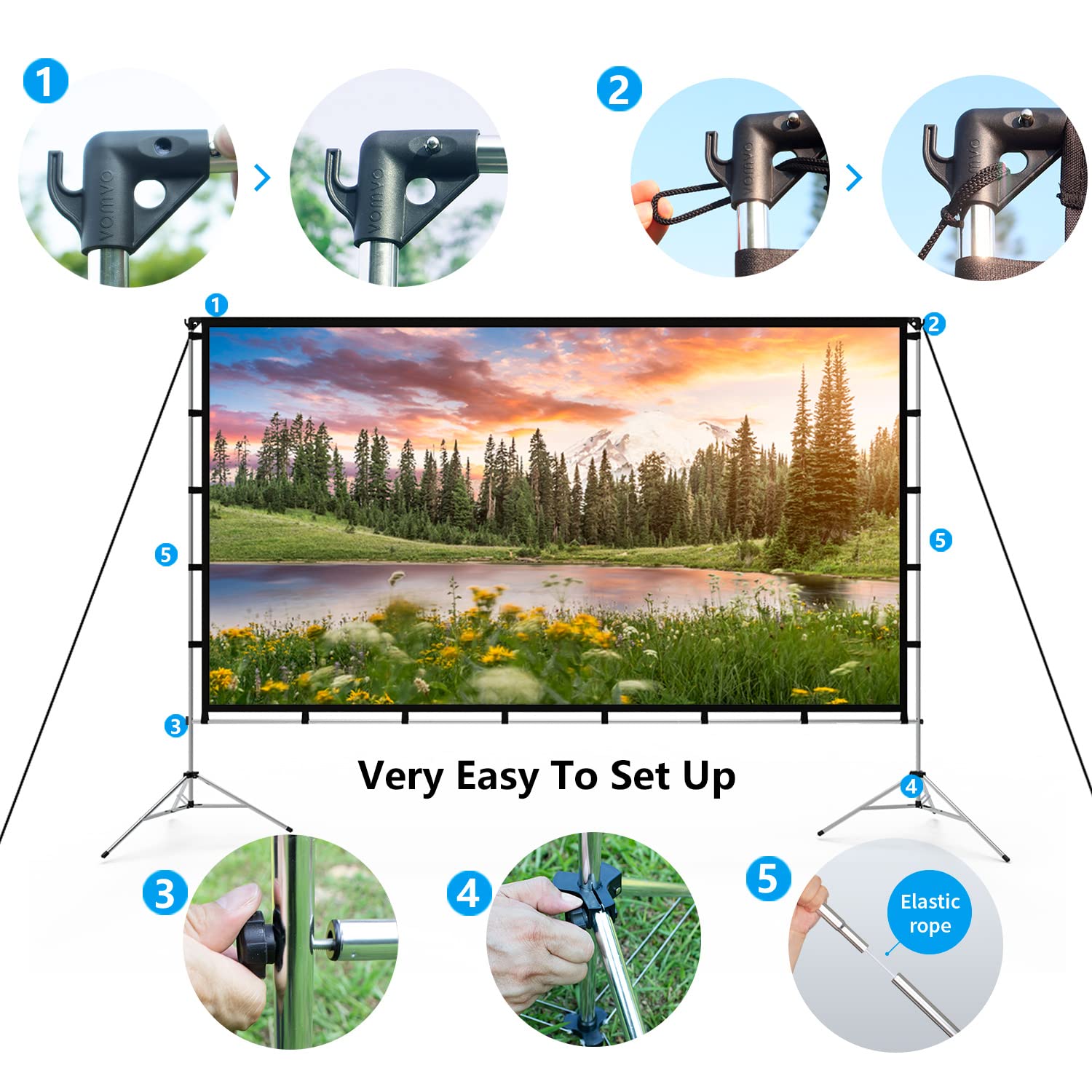Vamvo 100 Inch Portable Projector Screen with Stand - Indoor Outdoor Movie Screen 16:9 HD 4K Ready - Includes Carry Bag & Aluminum Stand for Home Theater, Backyard, Camping and Outdoor Movie Nights
