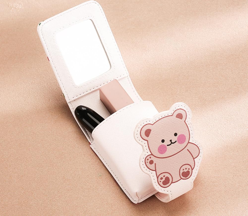 Bear Makeup Bag with Mirror – Waterproof Lipstick Organizer Pouch, Cherry Print Card Holder & Mini Wallet for Women – Perfect for Travel, Daily Use & Gift Giving