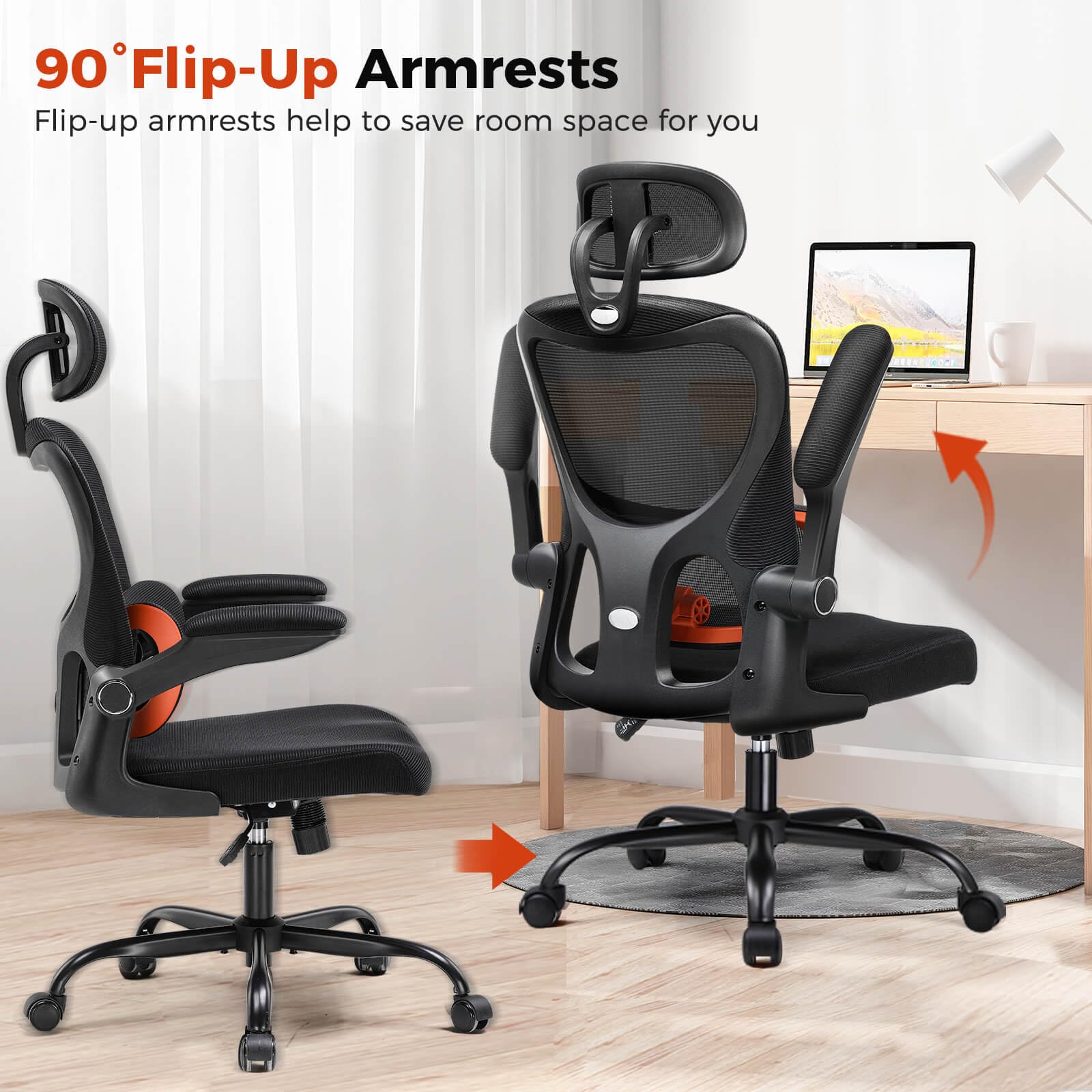 COMHOMA Ergonomic Office Desk Chair with 3D Adjustable Lumbar Support & Headrest - High Back Executive Computer Chair for Back Pain Relief, Flip-Up Armrests, Comfortable Mesh Task Chair (Ergo-Black) - Perfect for Home Office, Gaming, and Long Work Sessions