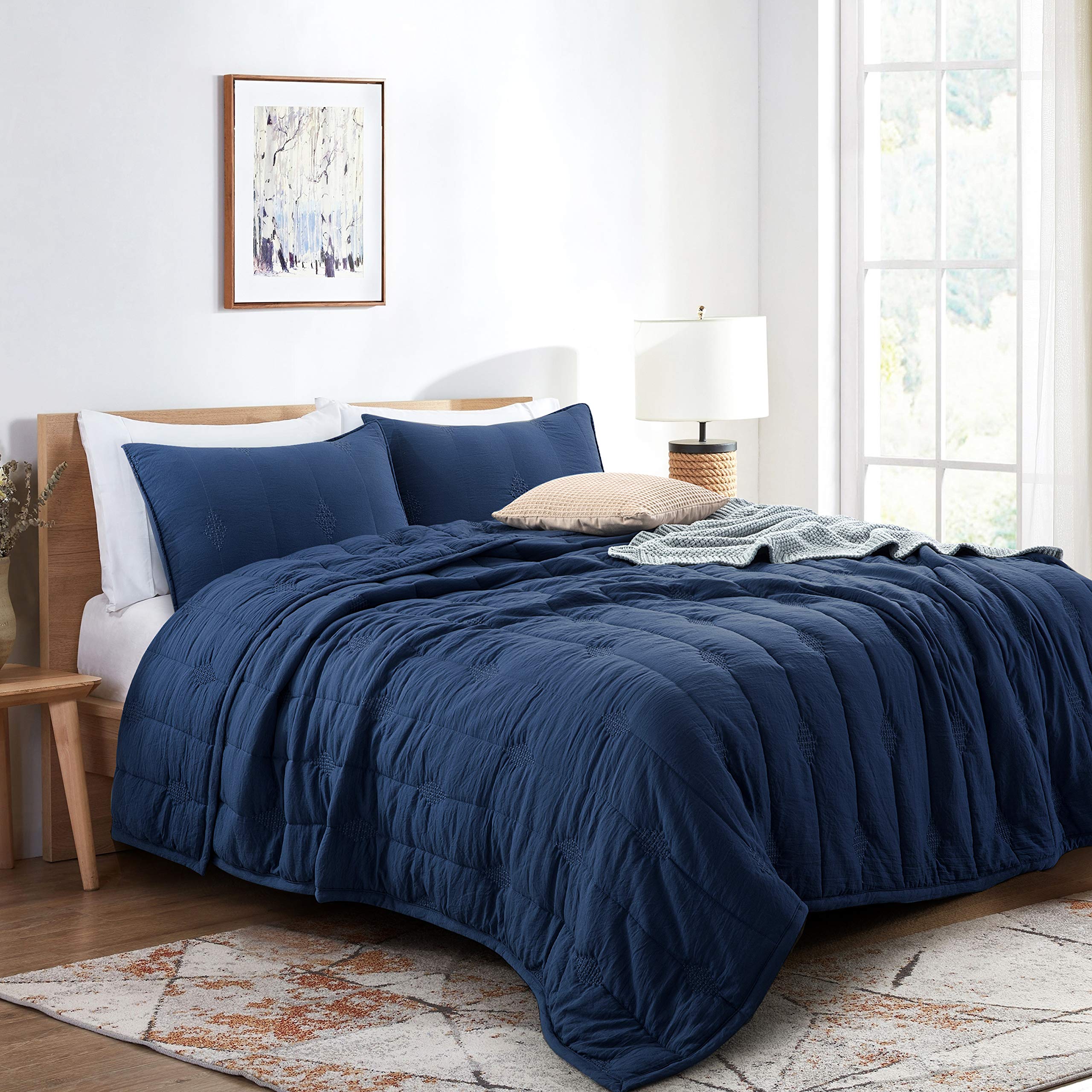 King Size Quilt Bedding Set - Lightweight Breathable & Ultra Soft Allover Geometric Diamond Stitched Embroidery, Navy Blue Comforter for All Seasons | Perfect for Master Bedroom, Guest Room & Cozy Home Decor