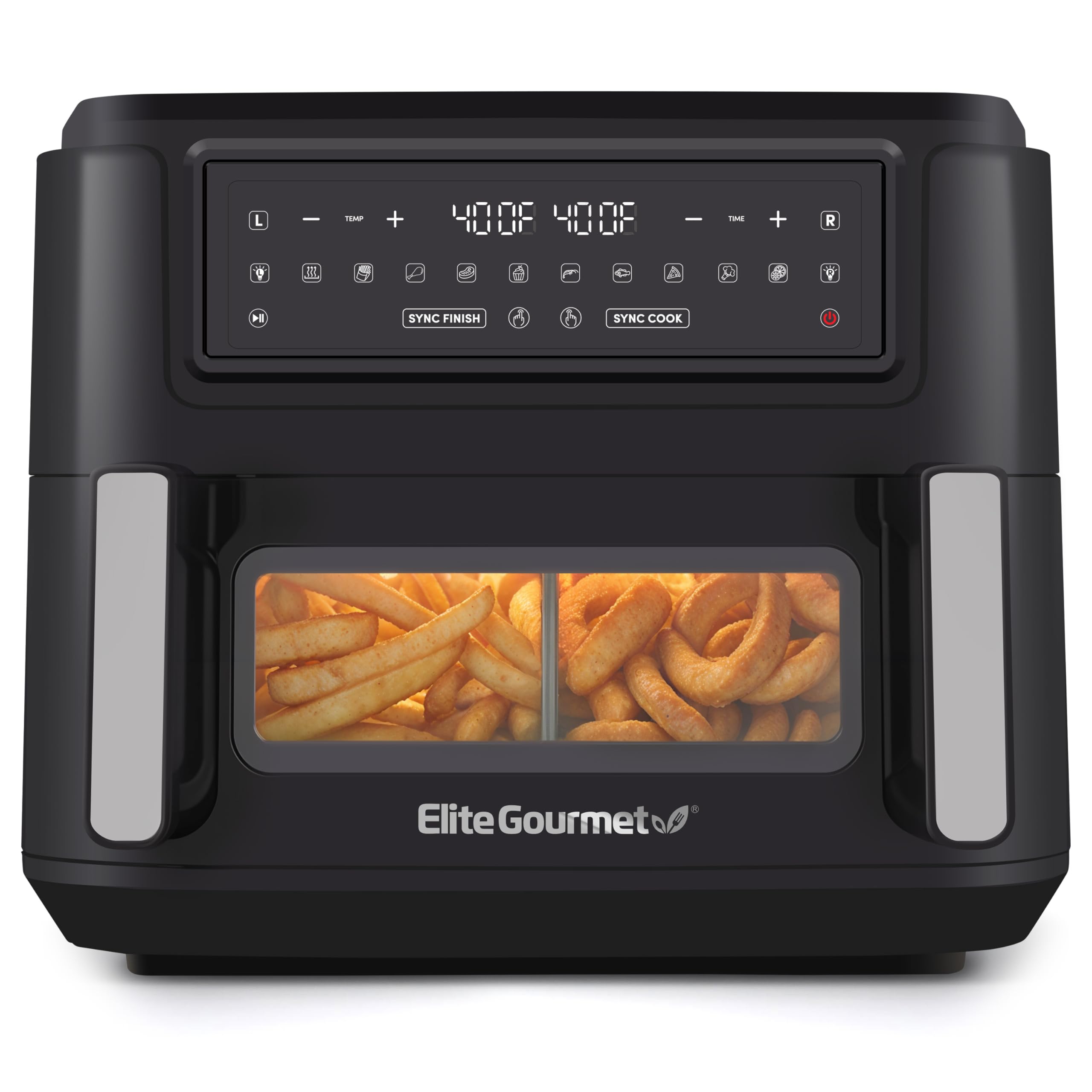 Elite Gourmet EAF1055D 11QT Dual Zone Air Fryer Oven - 2 Independent Cook Zones, Dishwasher Safe Basket, 10 Preset Functions, 1600W - Perfect for Family Meals, Healthy Cooking & Quick Snacks - Includes Recipe Booklet (Black)
