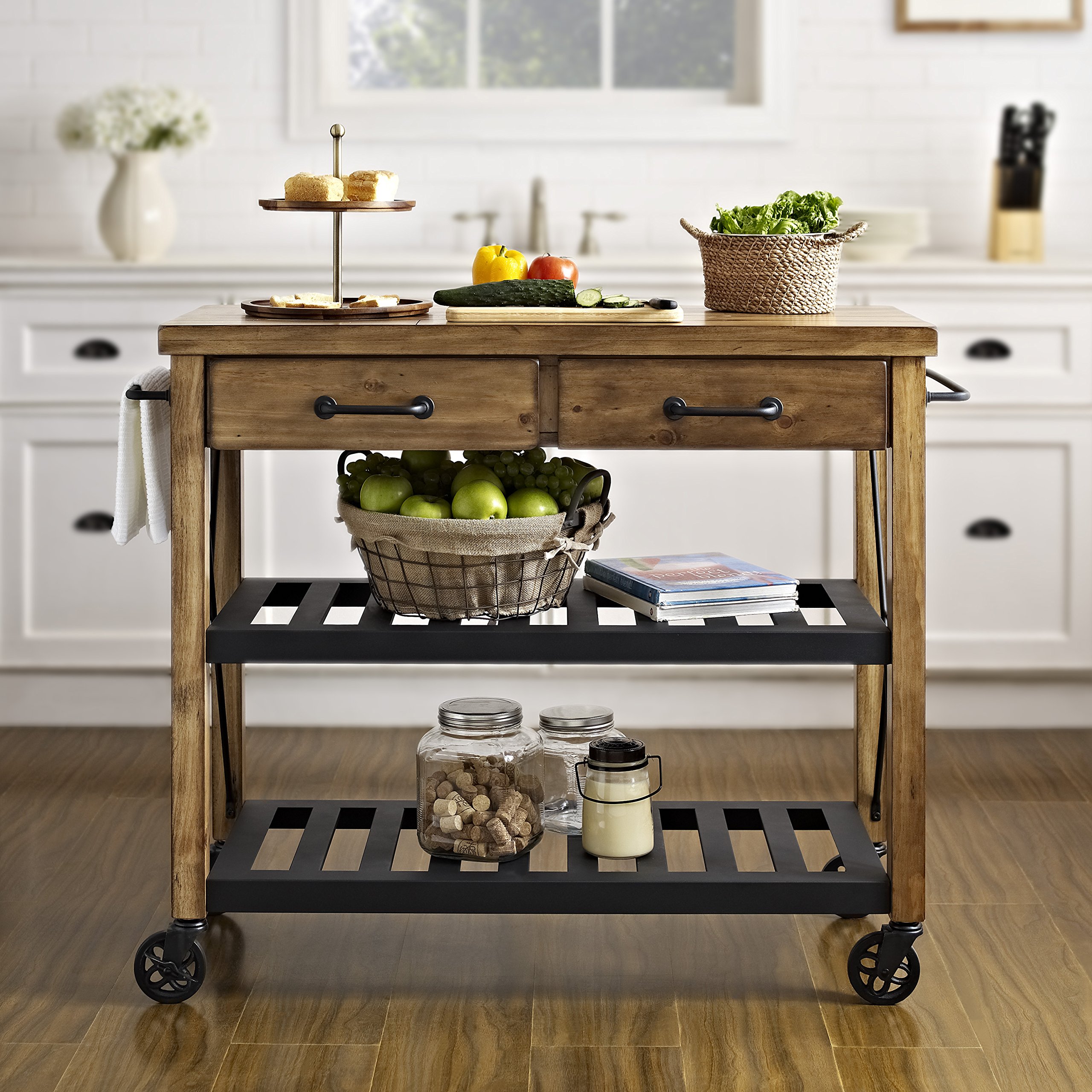 Crosley Furniture Roots Rolling Cart & Kitchen Island - Microwave Stand with Storage Shelves & Drawers, Natural Wood - Perfect for Small Kitchen, Pantry Organization & Mobile Serving Station