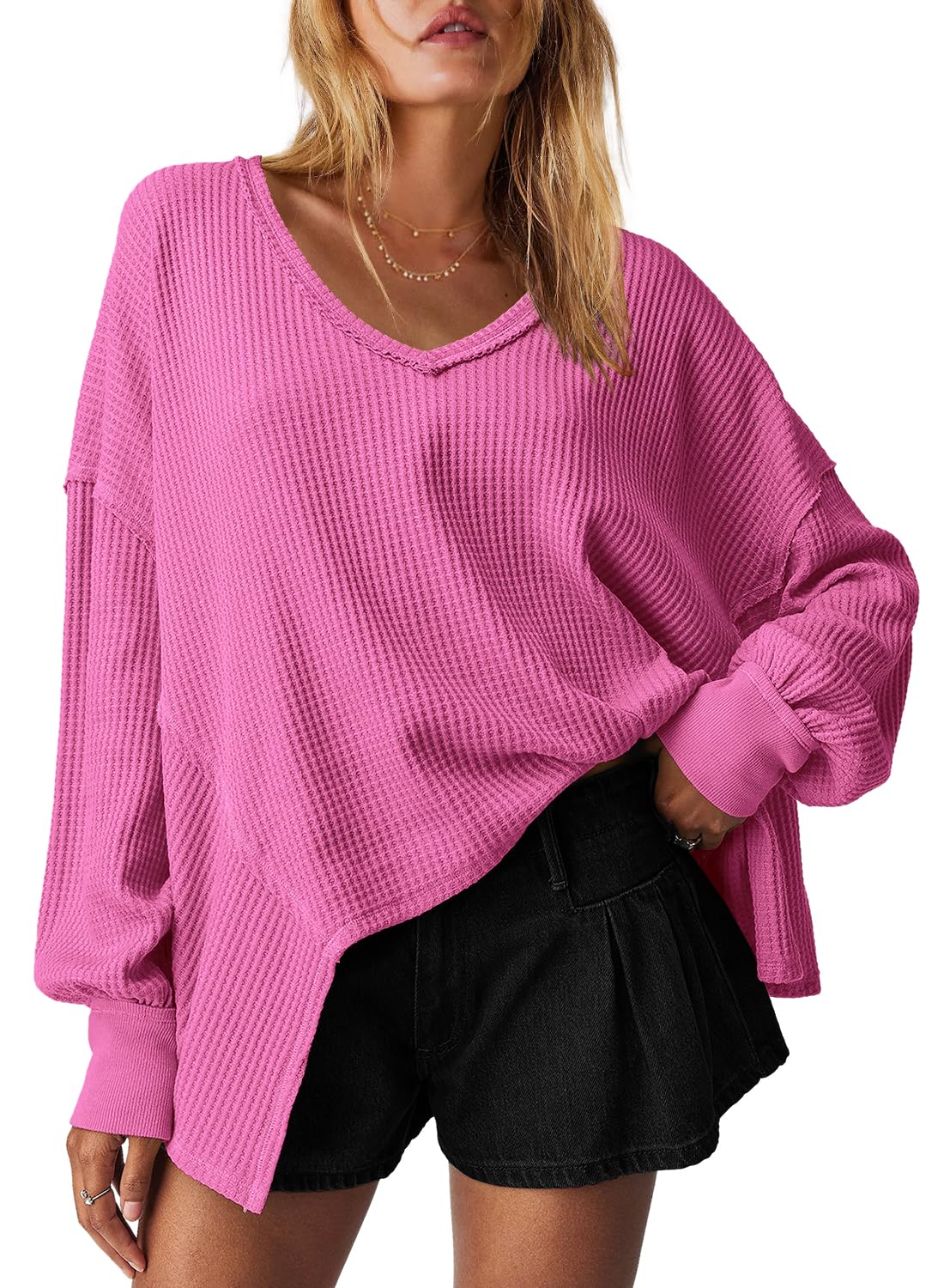 LAMISSCHE Women's Oversized V-Neck Waffle Knit Long Sleeve Thermal Tunic Top - Batwing Sweater Blouse for Workout, Lounge & Casual Wear
