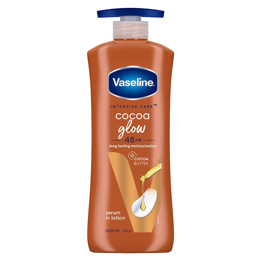 Vaseline Intensive Care Cocoa Glow Serum-in-Lotion 600ml - 100% Pure Cocoa & Shea Butter Body Lotion for Dry, Rough Skin - 48Hr Long-Lasting Moisturization - Perfect for Daily Hydration & Nighttime Skin Repair