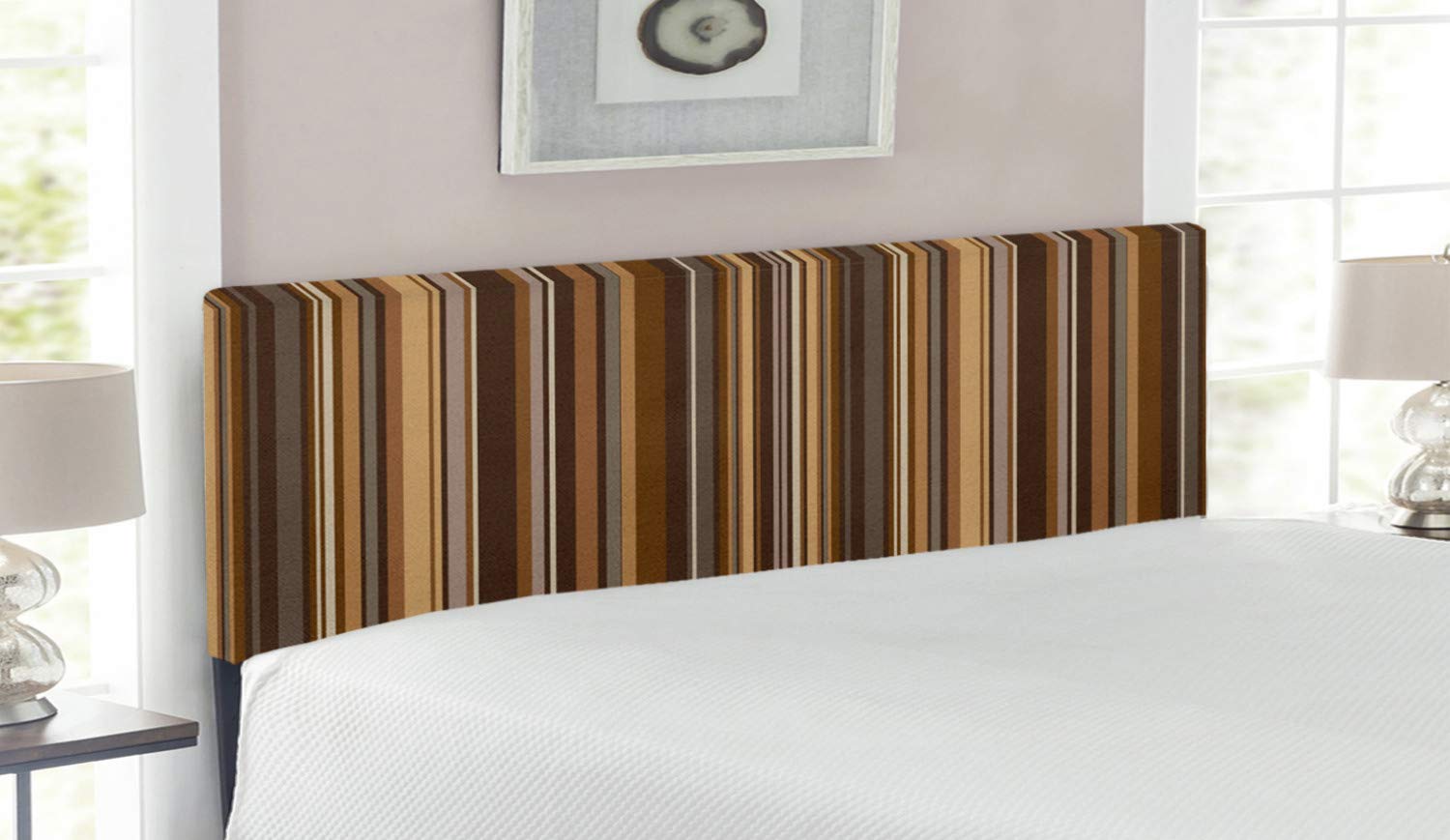 Ambesonne Abstract Upholstered Headboard - Vertical Lines Earthen Toned Stripes Pattern, Decorative Metal Bed Headboard with Memory Foam, Queen Size Pale Caramel Chocolate | Perfect for Modern Bedroom Decor & Guest Room Upgrade