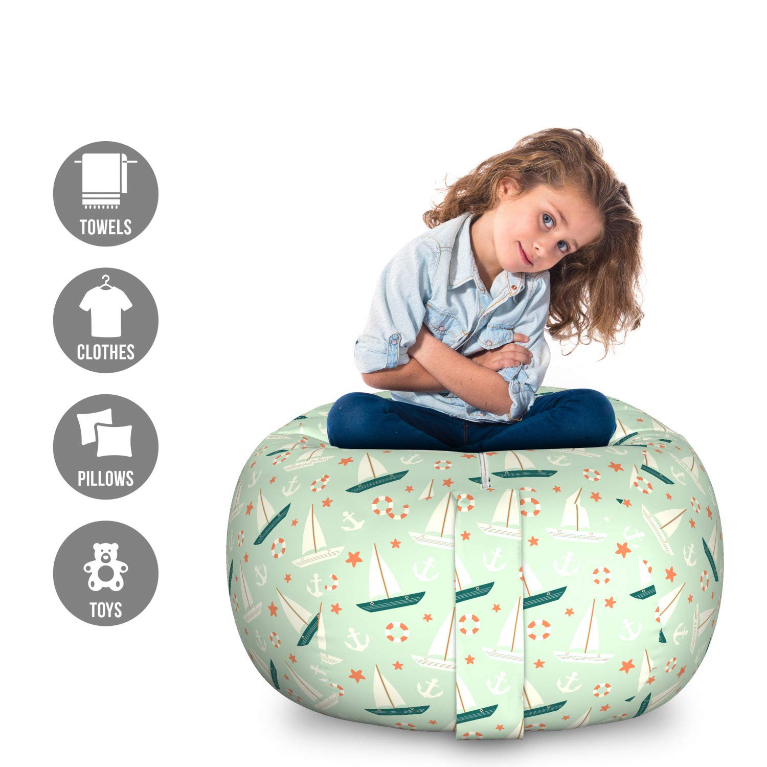 Ambesonne Nautical Toy Storage Bag Chair - Marine Themed Sailboat & Star Pattern, Large Washable Stuffed Animal Organizer in Mint Green & Salmon | Perfect for Kids' Room, Nursery, Playroom & Toy Organization